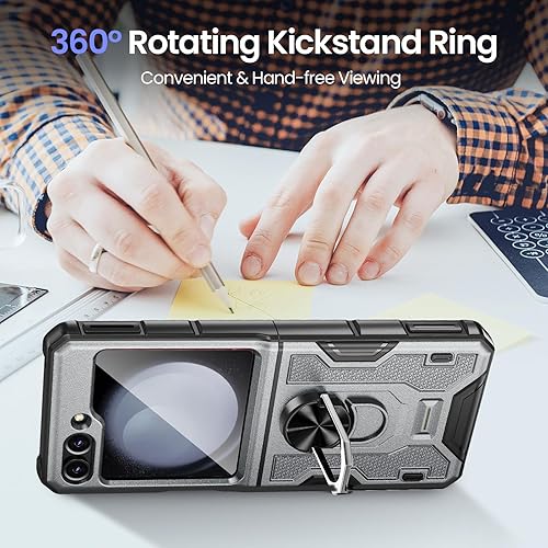 Miniatura 5 de VEGO Funda para Z Flip 5, Galaxy Z Flip 5 con protector de pantalla y protección de bisagra, soporte de anillo de 360, funda protectora de cuerpo