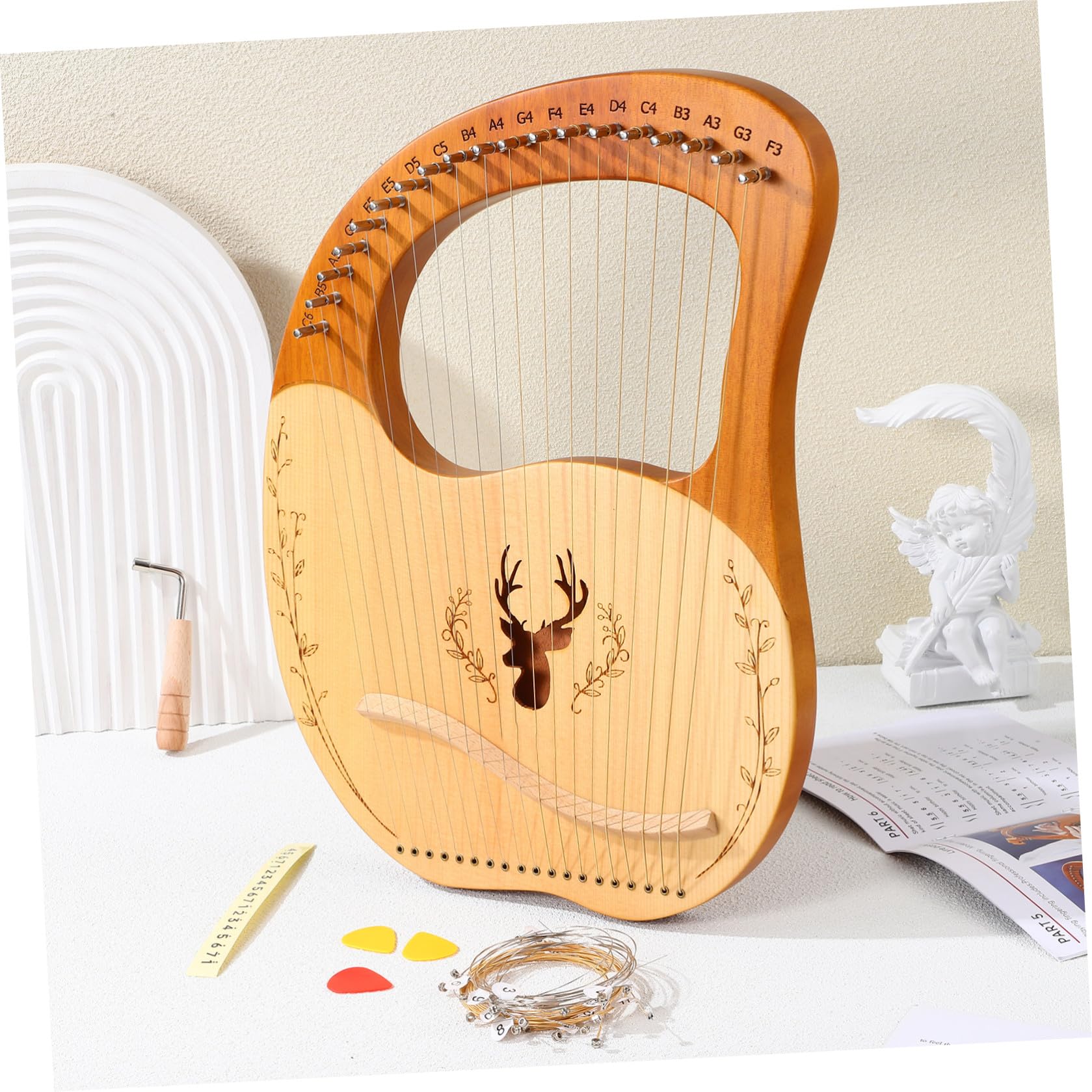 ABOOFAN Set di Arpa Lira con Bordo Arrotondato in Legno con 19 Corde, Chiave di Accordatura e Borsa in Poliestere, Strumento Musicale e Accessori Completi per Principianti