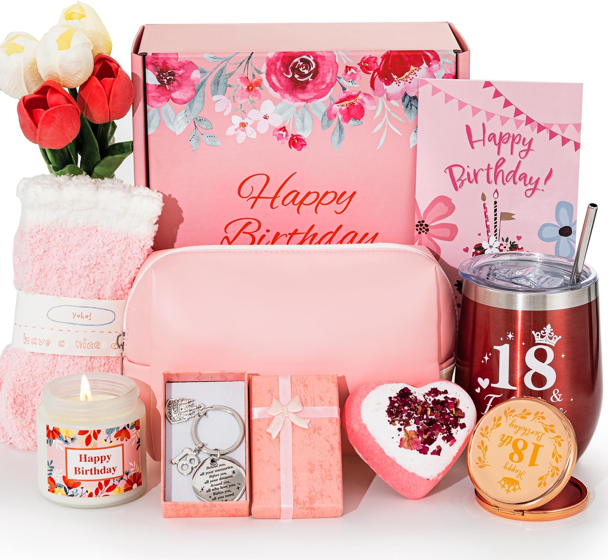 18th Birthday Gifts for Girls,Turning 18 Year Old Unique Happy Birthday Gift Baskets for Her,Relaxation Spa Bath Tumbler Gift Set, Funny 18 Gifts Ideas Box for Best Friends Mom Wife Sister Coworker