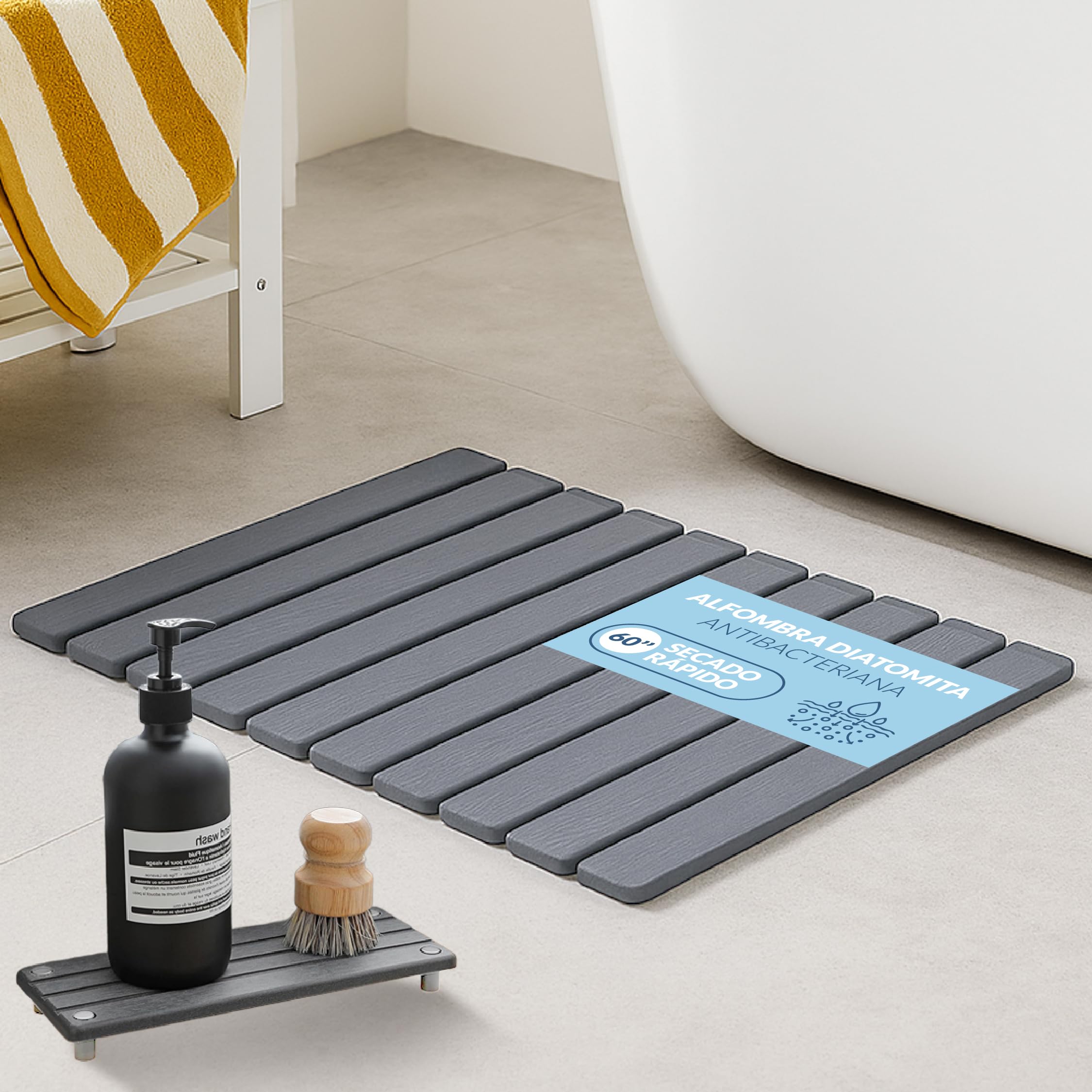 Alfombra de Baño Diatomita Secado Rápido Antideslizante 60x39 cm, Alfombrilla Piedra Absorbente para Ducha, Incluye Soporte para Jabón, Base de Silicona y Lija de Mantenimiento - 1