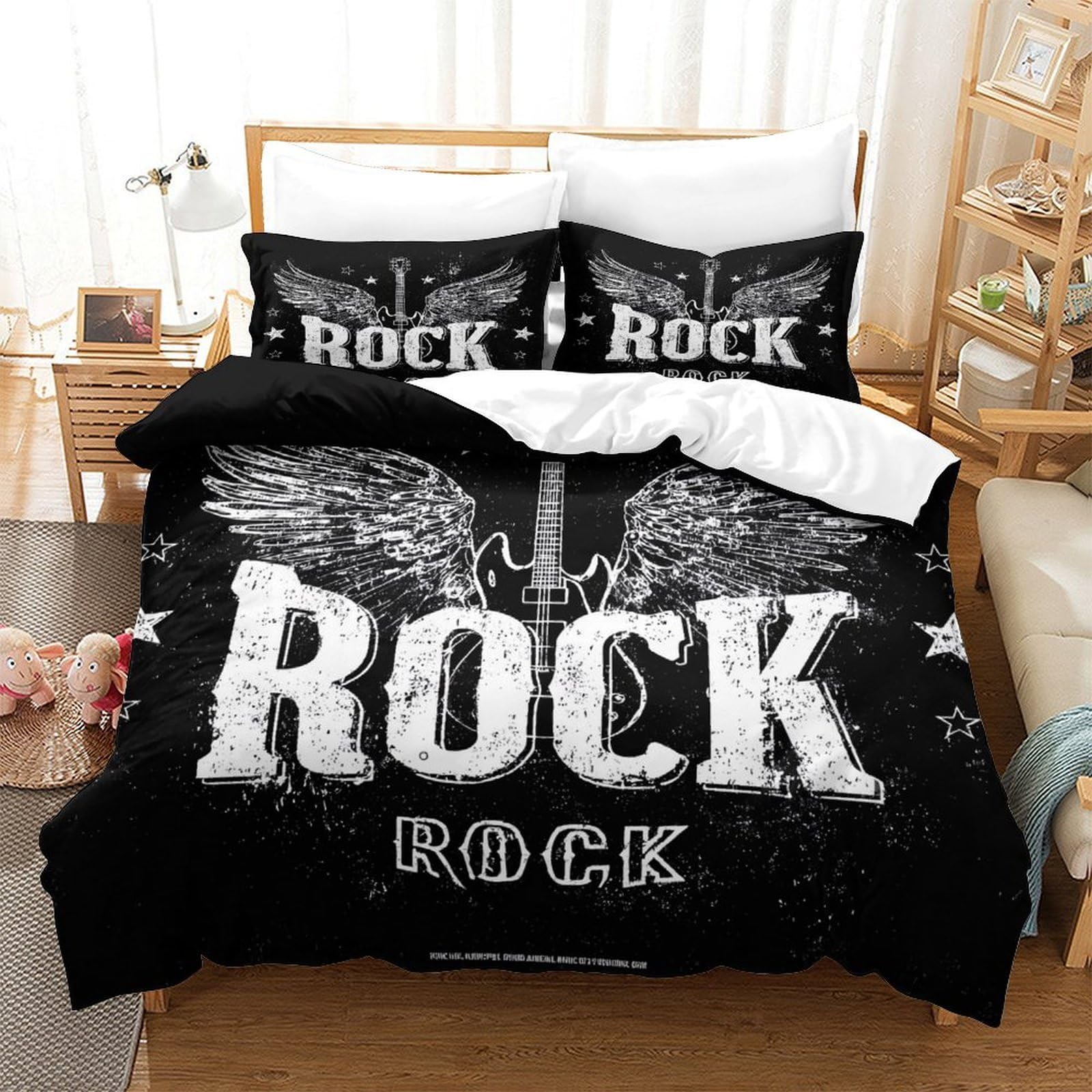 Rock guitar wingsSet Di Copripiumino morbida 3 Pezzi stampa di 3D con cerniera Vintage rock poster copripiumino con federa traspirante for bambini adulti ragazzi Super king（260x220cm）