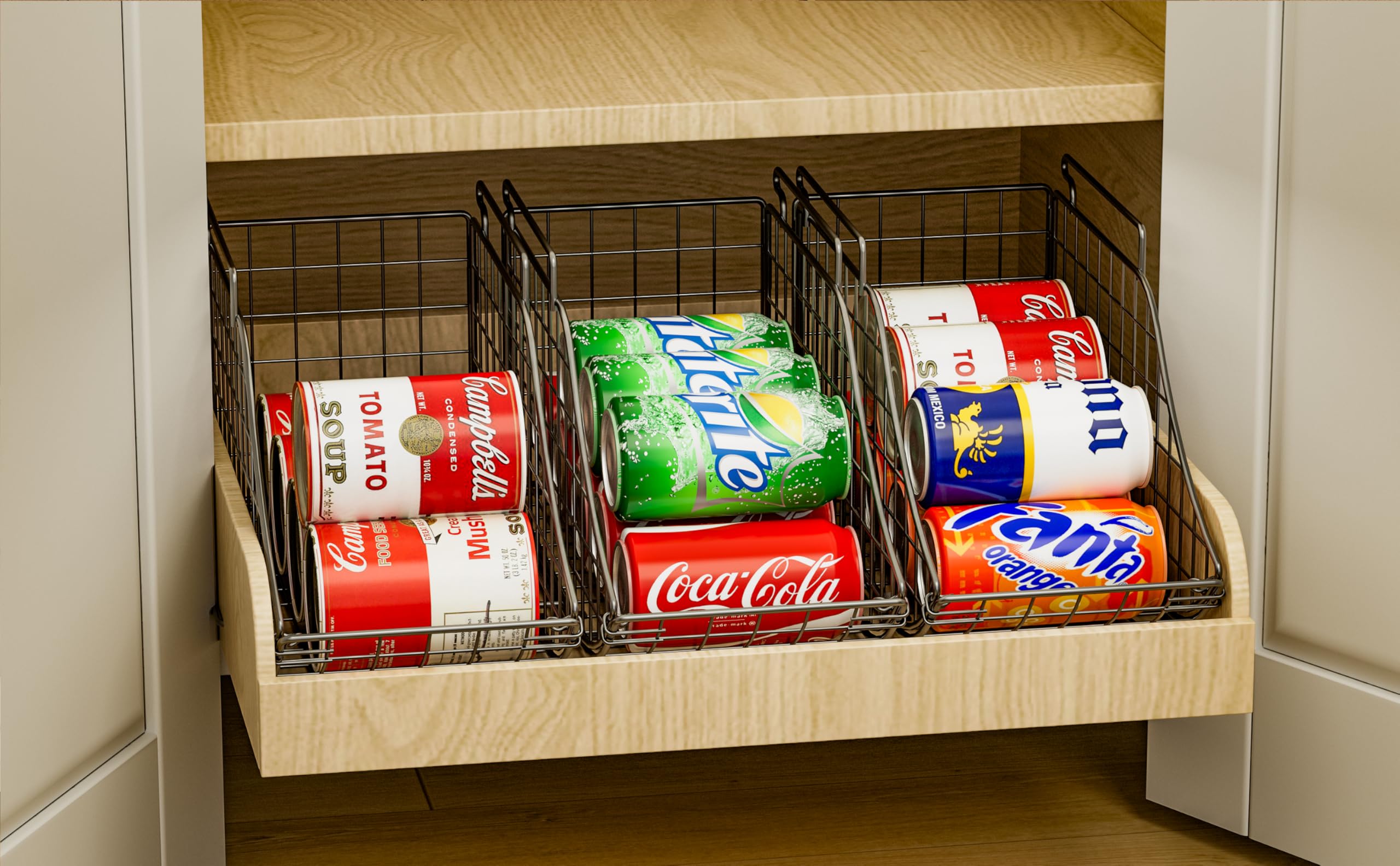 Paquete de 8 organizadores de latas para despensa, estantes apilables de soda para nevera, almacenamiento de armario de alambre, capacidad para hasta 72 cervezas, cubo de metal pequeño para bebidas 9
