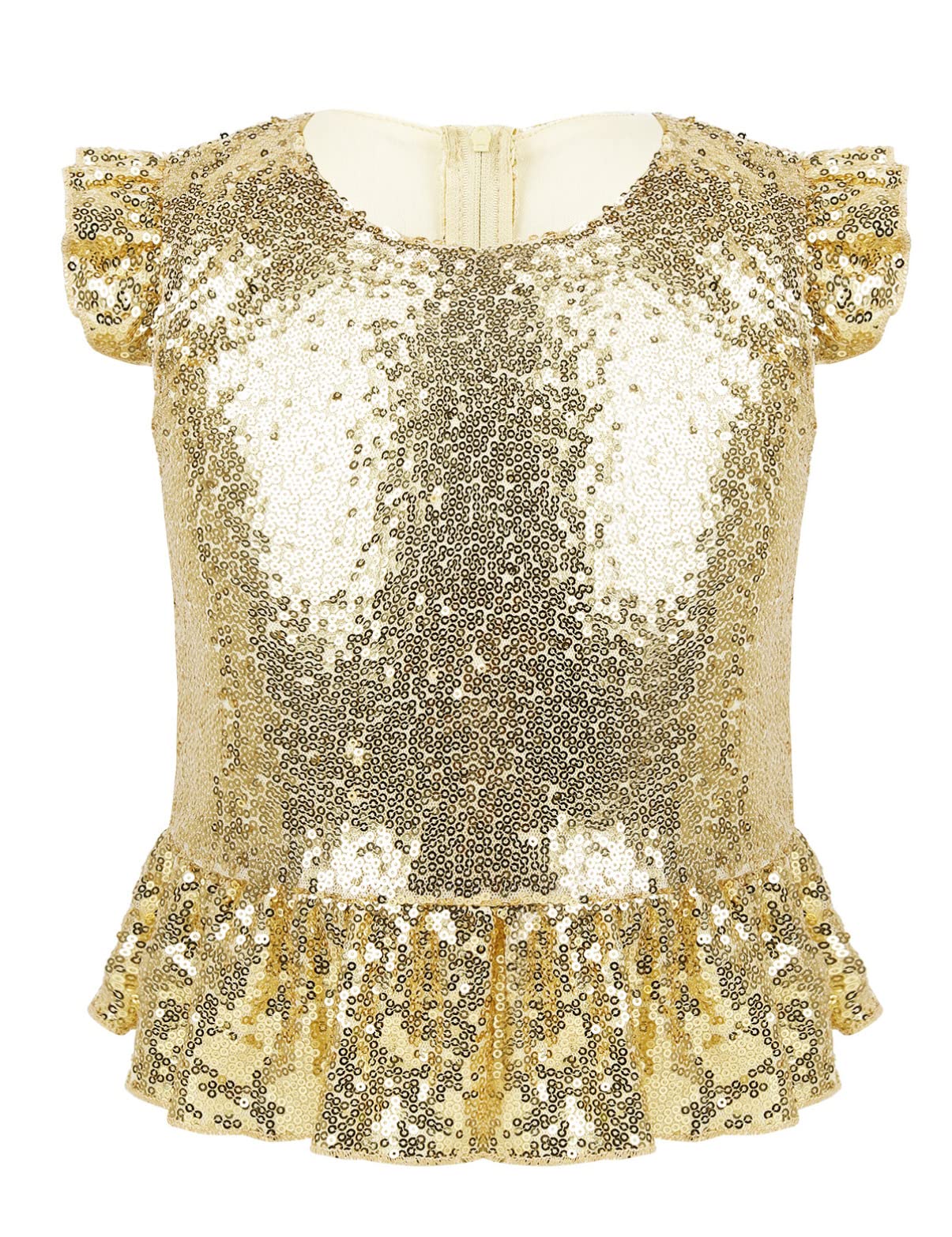 Aislor Camisa Corta de Sirena Niña Son Mangas Volantes Top Lentejuelas Brillantes con Cremallera Trasera Blusa de Danza Ropa para Fiesta Carnaval Ropa Jazz Niña 3-16 Años