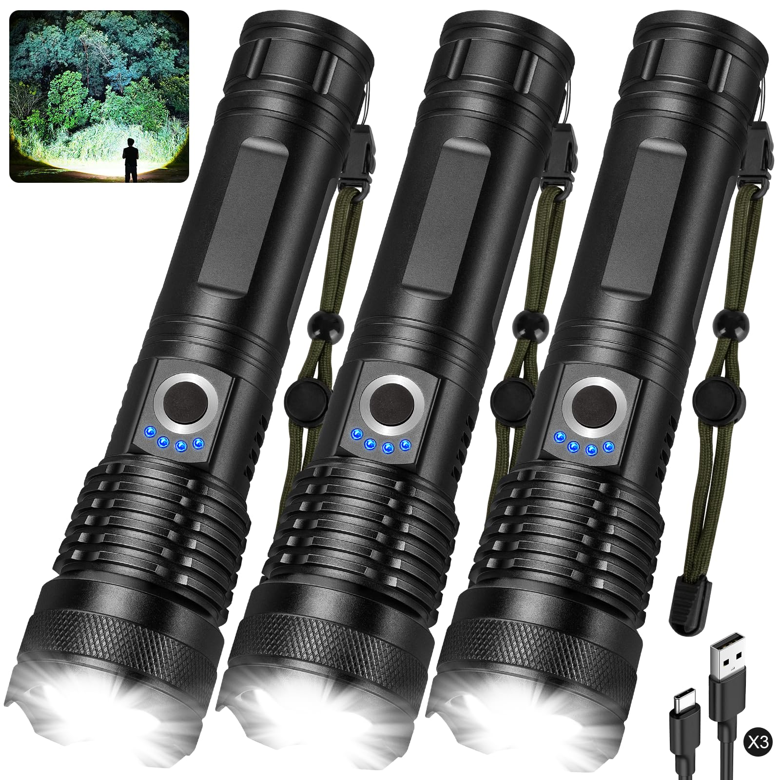 3 Pack Rechargeable LED Flashlights 990,000 Lumens, Adjustable, 5 Modes, IPX7 Waterproof, Powerful Handheld Flash Lights for Camping Hiking Emergency Home (M-3P) : Tools & Home Improvement