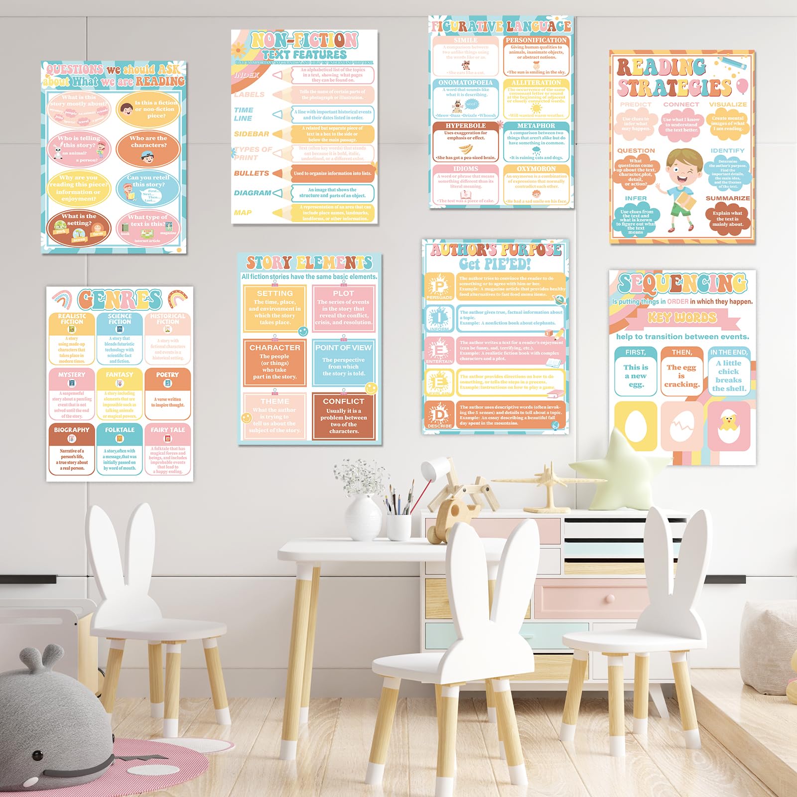 CHUNNIN 16Pcs Hippie Reading Comprehension Poster for Classroom Decoration Sign Groovy Rainbow Daisy Educational Literature Genre Bulletin Board Chart for Elementary Middle High School Wall Decor - Image 7