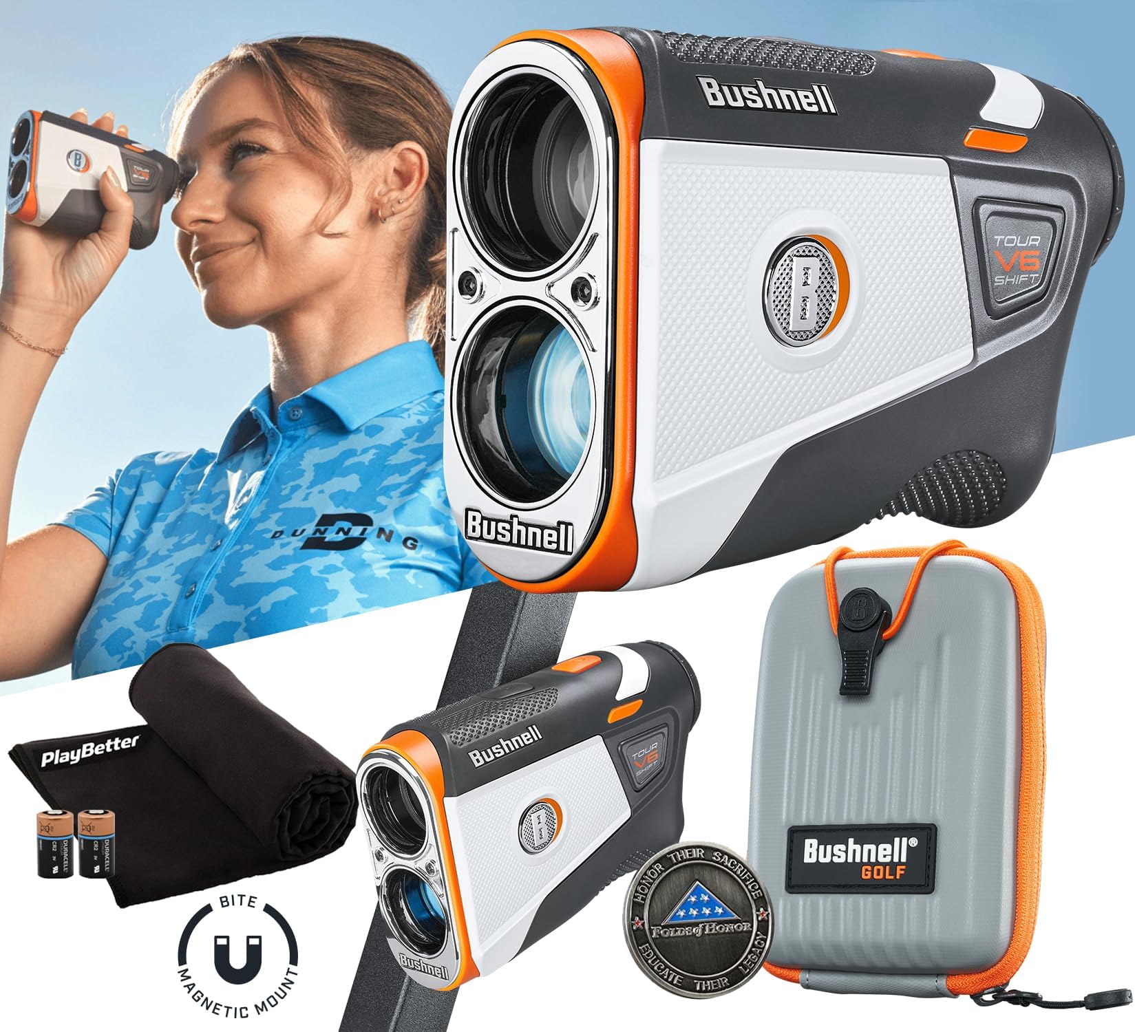 Bushnell Tour V6 Golf Rangefinder Bundle - PinSeeker with Visual JOLT, BITE Magnetic Mount - Includes PlayBetter Microfiber Towel & Extra CR2 Battery