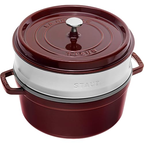 Staub 1133887 Cast Iron Roaster/Cocotte, With Steam Insert, Round 26 cm, 5.2 L, With Matte Black Enamel Inside the Pot, Grenadine