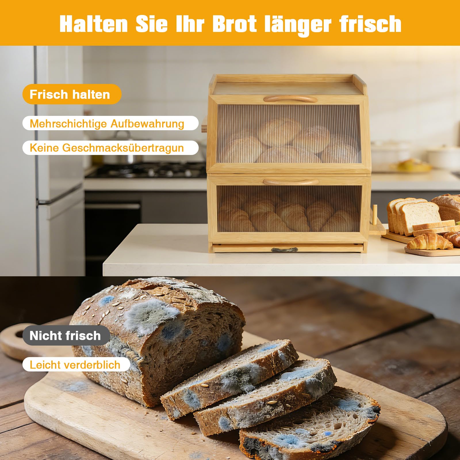 Brotkasten Bambus, Doppelte Schicht Brotbox mit Schneidebrett und Sichtfenster, Brot Aufbewahrungsbox Brotbehälter für Hörnchen, Brötchen, Brotaufbewahrung, 38 x 27 x 39 cm, Natur