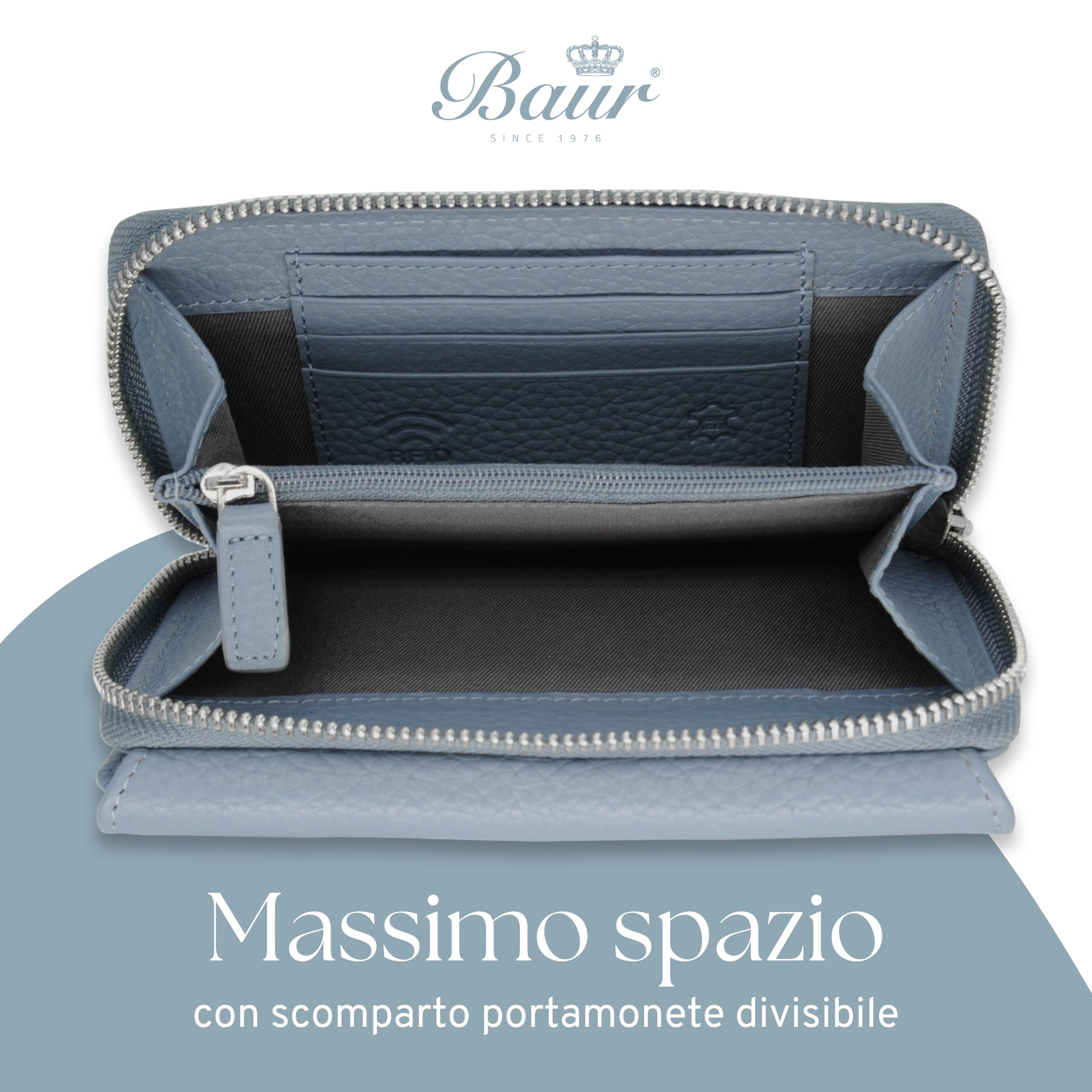 Baur portafoglio da donna – vera pelle con protezione RFID – portafoglio grande con 14 scomparti per carte – chiusura a bottone a pressione & tasca portamonete con cerniera (Blu colomba)
