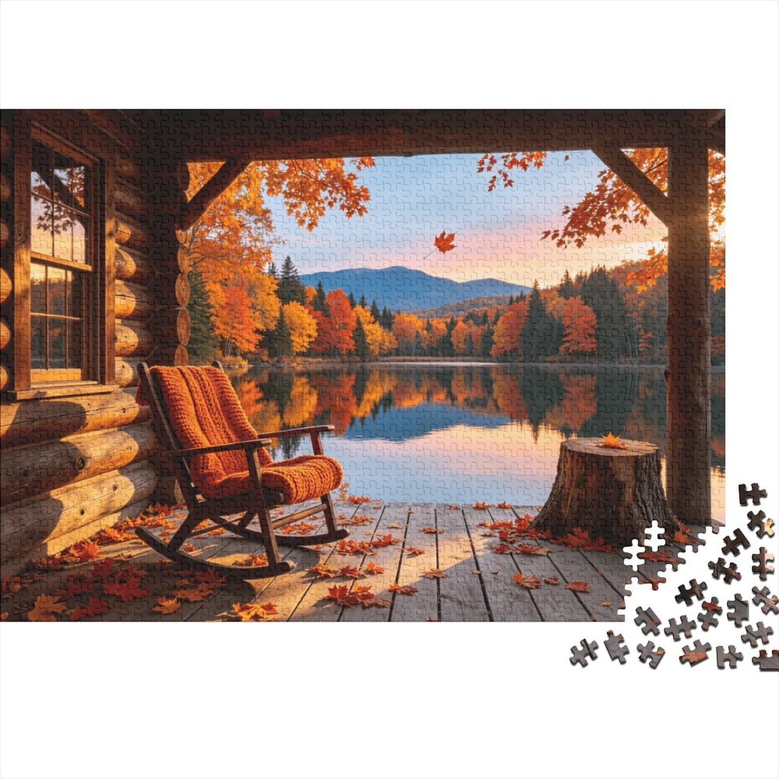 Autumn Lake View Jigsaw Puzzle 1000 Pieces Recycled Paper Cabin Porch Puzzles for Elderly Educational Game Decompression Relieve Senile Dementia Gift 70x50cm/1000pcs