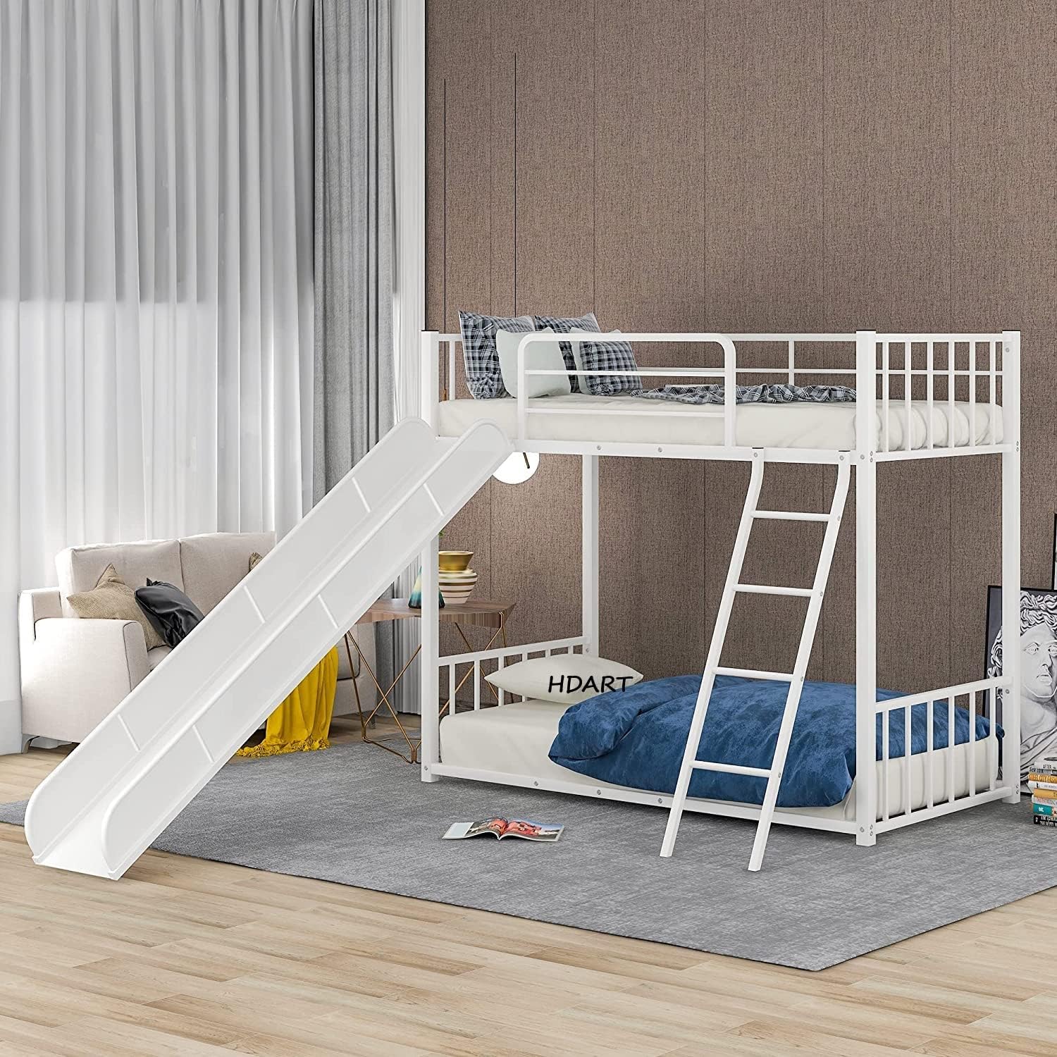 Generic Home Decoration Art Metal Bunk Bed Twin, With Slide And Ladder, White - Powder Coated