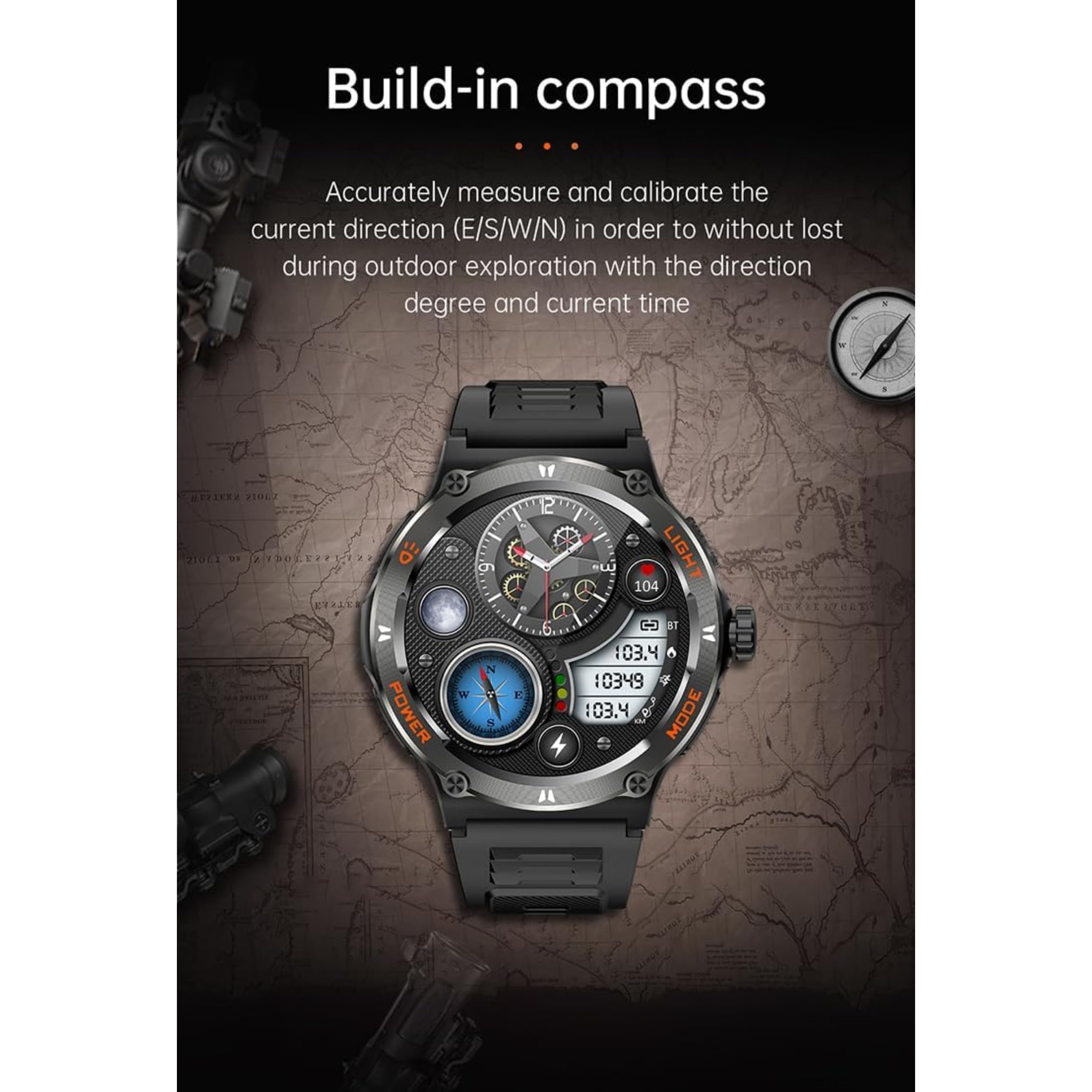 Montre Connectée Homme Sport Watch 1.53" HD 3ATM Etanche Smartwatch Militaire Boussole Torche LED Fréquence Cardiaque SpO2 Noir