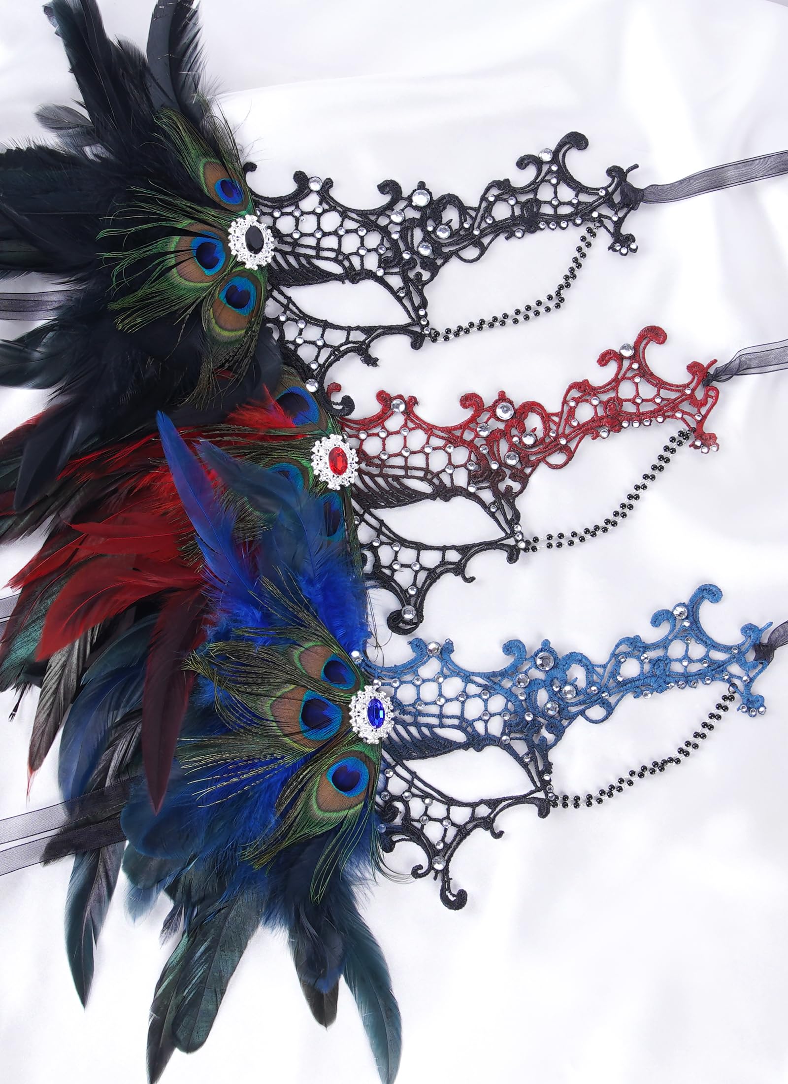 Zinniday Halloween Masquerade Masks for Women - 2026 Peacock Feather Lace Mask 1920s Venetian Eyemask for Party: Black Red