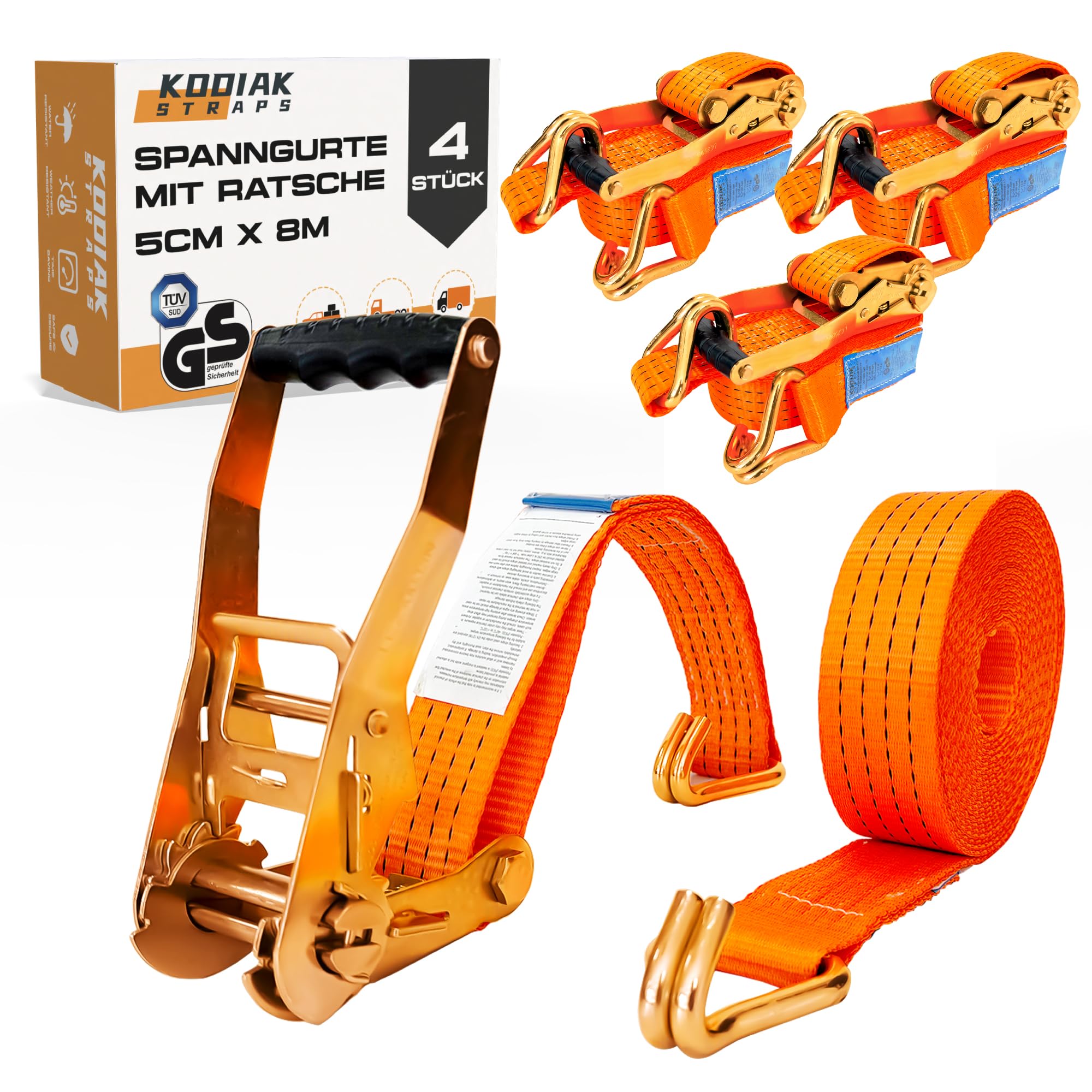 4 Stuks Ratelbanden 8m x 5000kg met Ratel en Haken - 50mm Spanbanden met Ratel - Oranje Ratelband voor Zekeringslast - TÜV/GS Gecertificeerd, volgens DIN EN 12195-2 - KODIAK STRAPS
