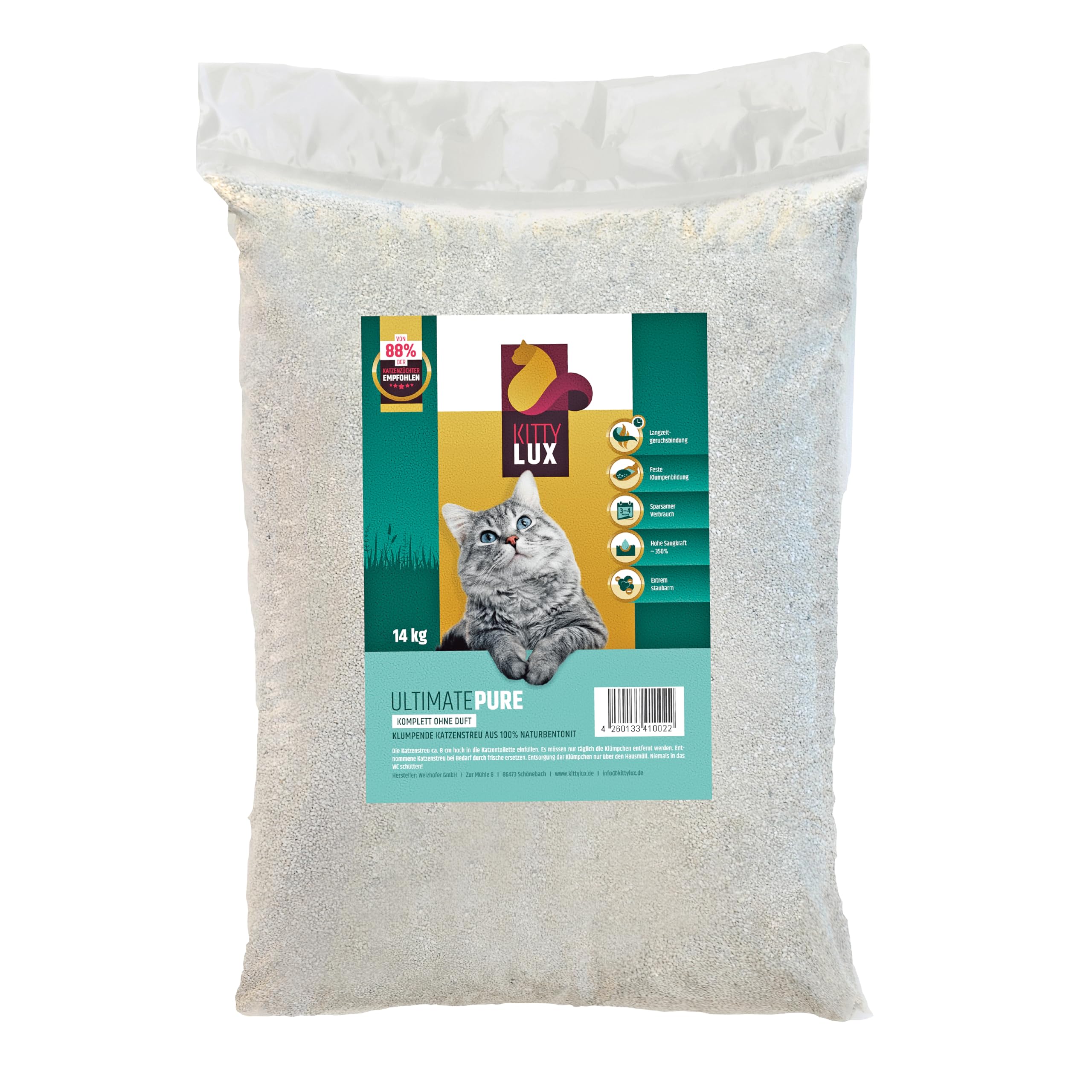 KITTYLUX KittyLux klumpende Katzenstreu Ultimate Pure 14kg für Sensible Katzen, Klumpstreu 100% Naturbentonit, extrem staubarm, Feste Klumpenbildung, schnelle Geruchsbildung, geringer Verbrauch