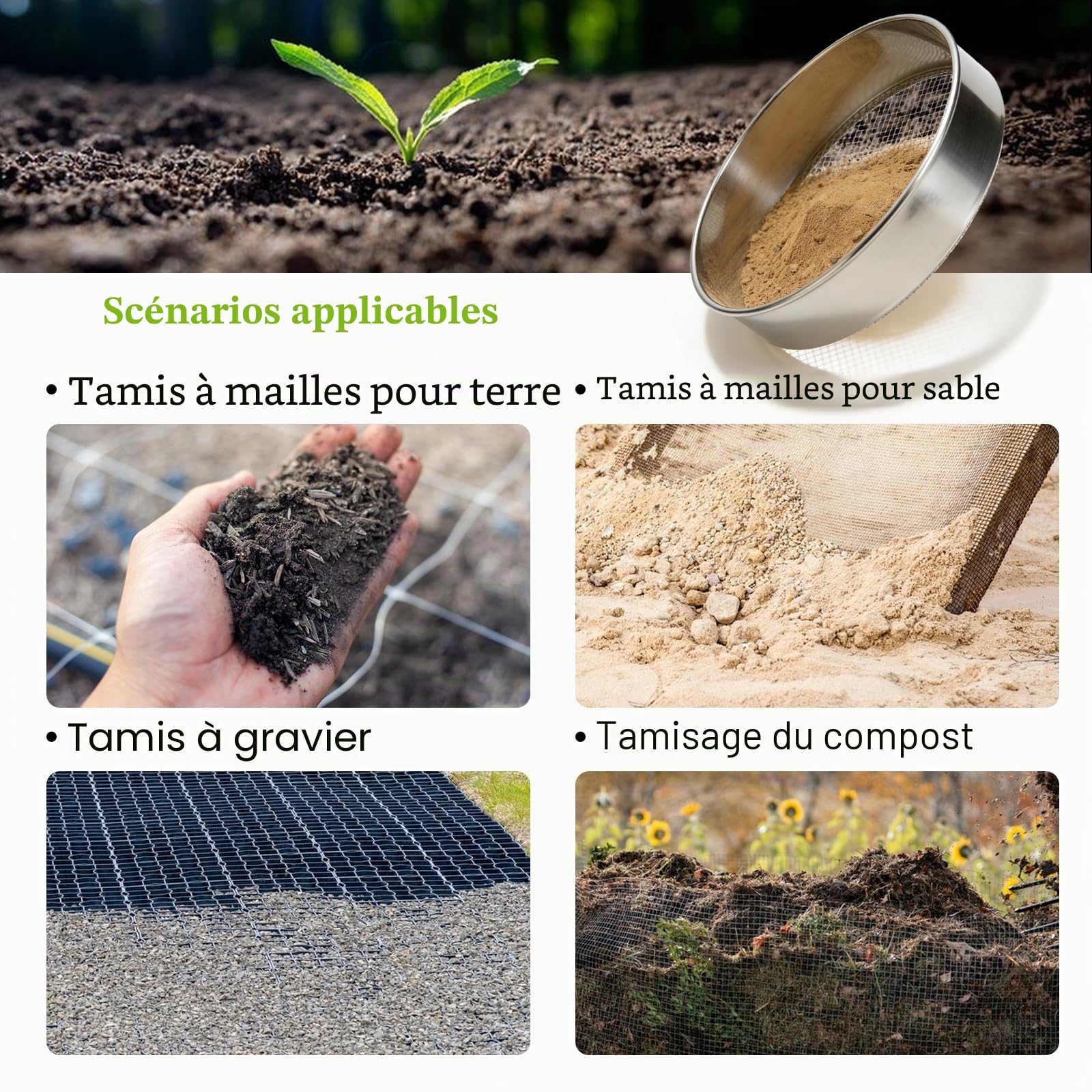 Tamis De Jardin En Acier Inoxydable, 5 En1 Tamis Jardin, Tamis À Compost Rond En Métal, Rond 20 Cm, Avec Pelle Et Gants Avec 5 Tamis Interchangeables Ø 3,6,9,10,12 Mm Pour Terre, Compost, Semences