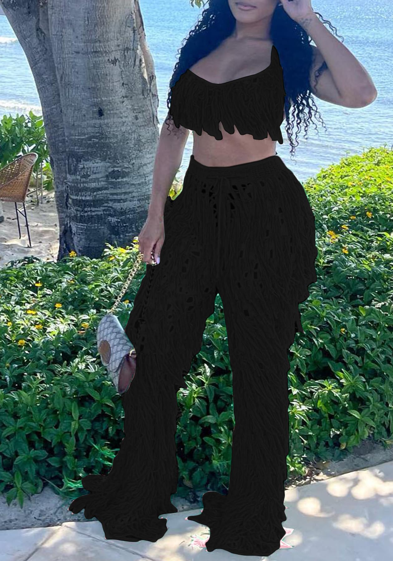 Tbahhir Conjunto de 2 piezas para mujer, sexy, de ganchillo, bikini, para playa, parte superior halter, pantalones con flecos