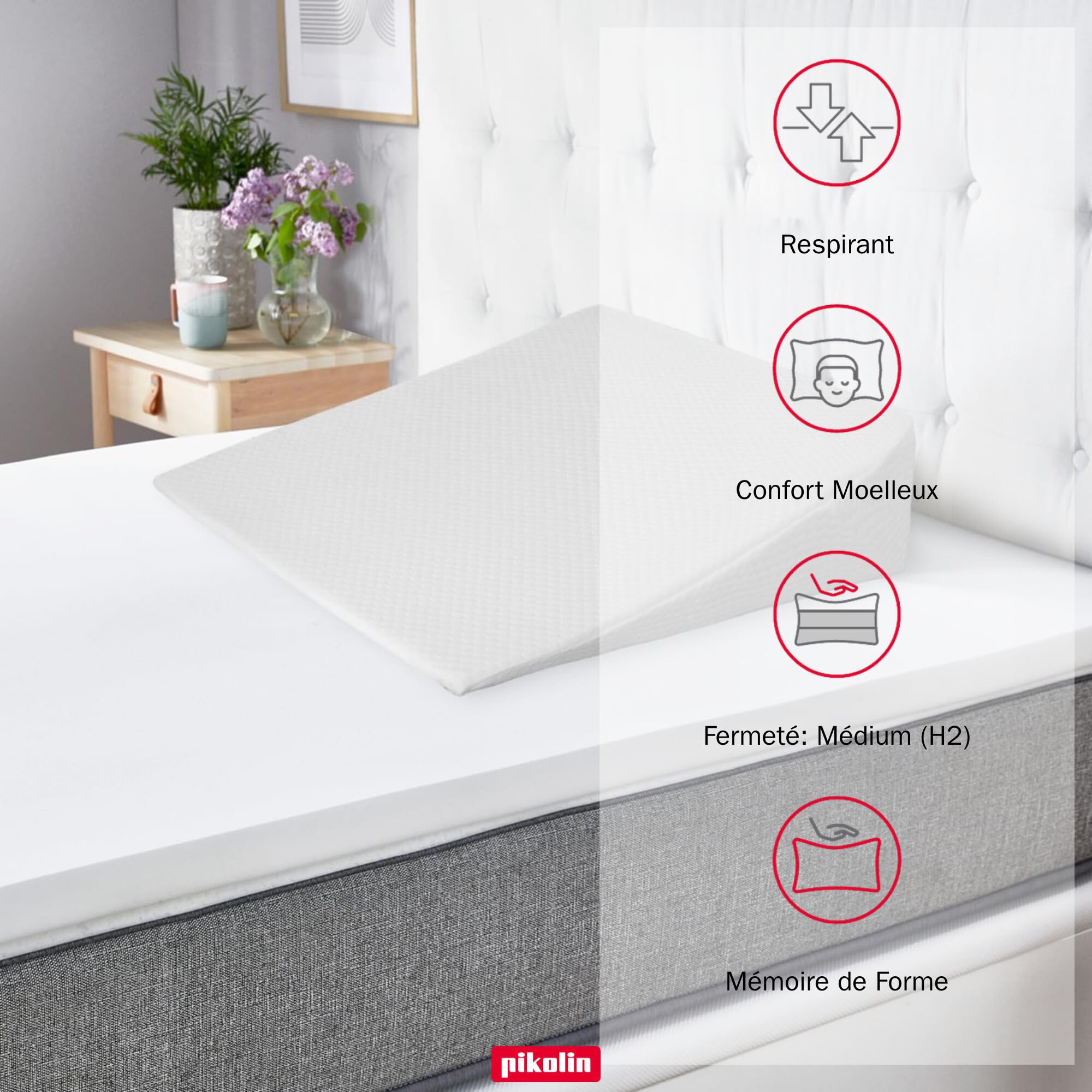 PIKOLIN Oreiller Anti-reflux en Mousse à Mémoire à Plan Incliné - Améliore la Digestion et la Respiration, Taie Amovible et Lavable, Respirant, Ergonomique Certifié Oeko-Tex - 50 x 30 cm