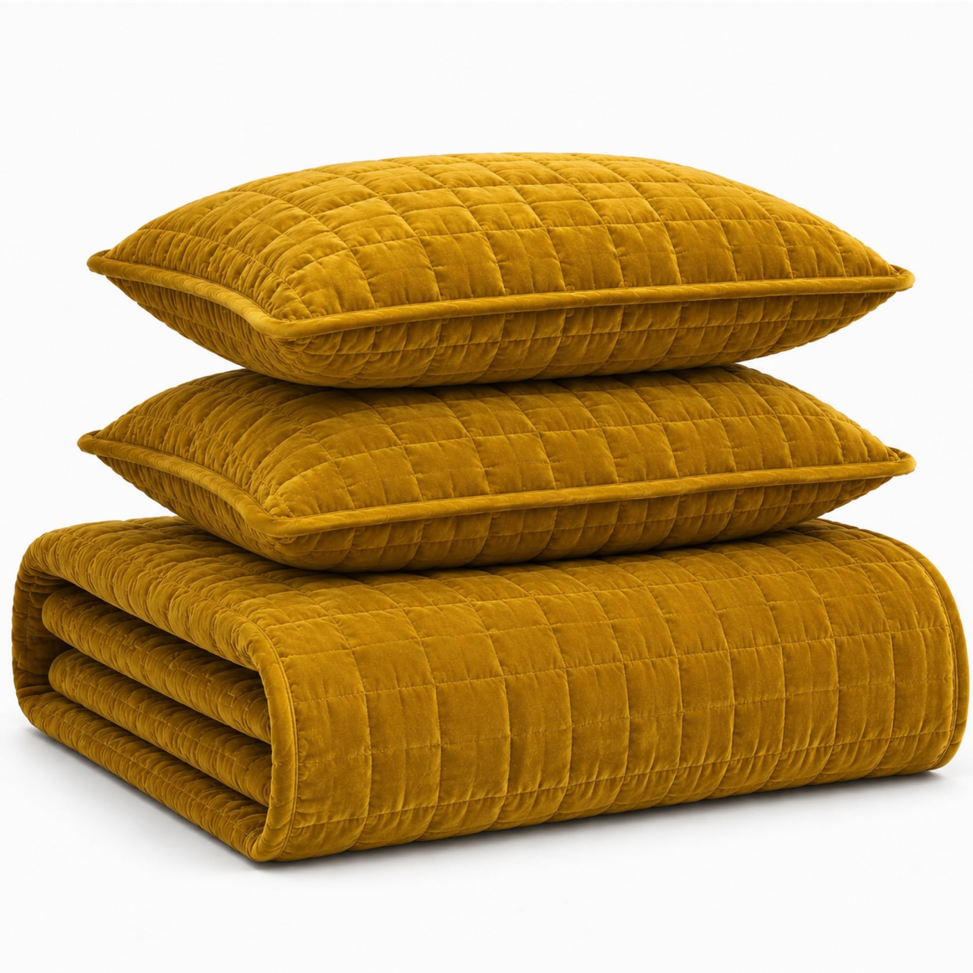 Tribeca Living Velvet King Quilt Set, Three-Piece Box Stitch Bedding, Includes Oversized Quilt & Two Shams, 260GSM Super Soft Velvet, Gold