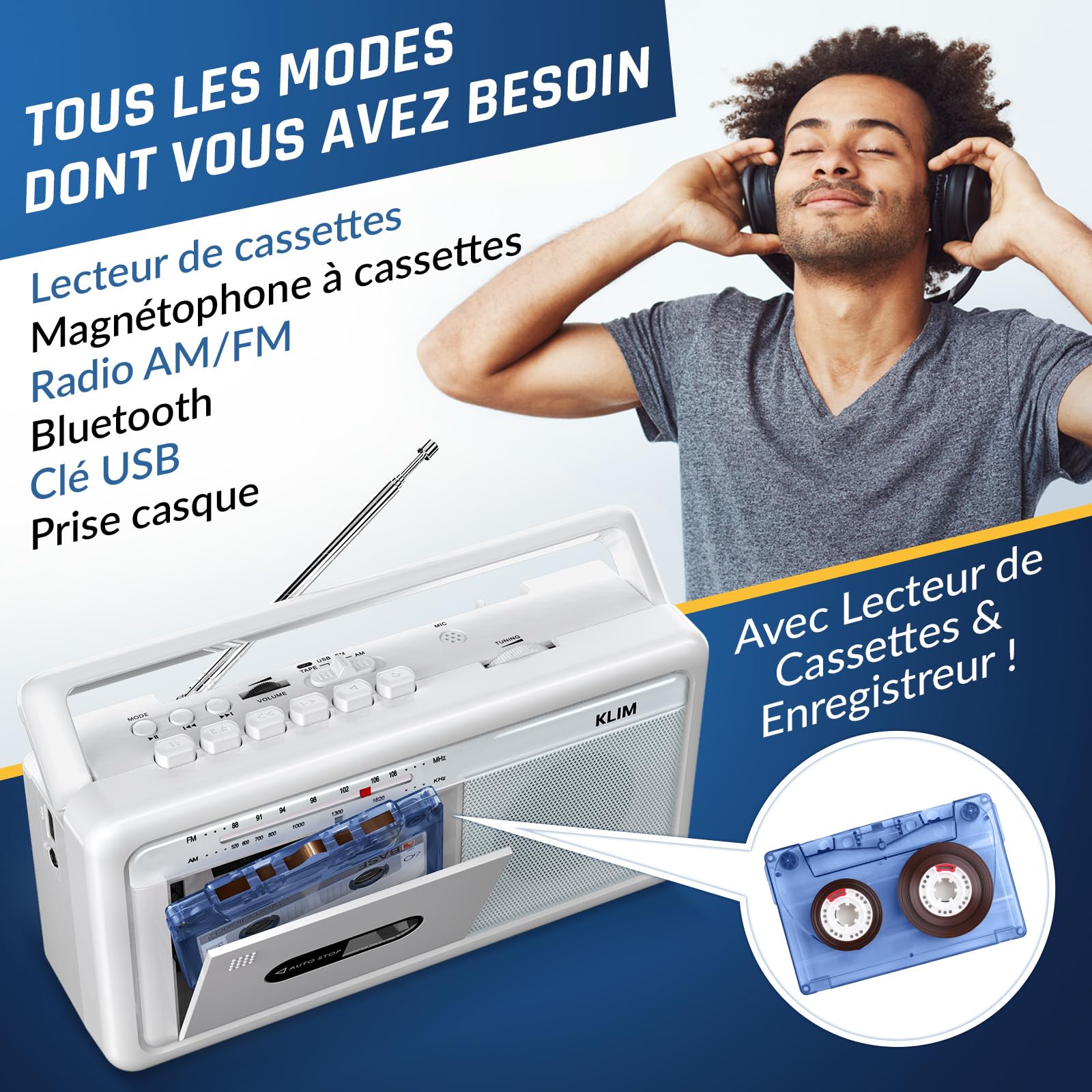 KLIM Lecteur Cassette Audio Boombox, Radio AM/FM, Bluetooth, Enregistreur Cassette, USB, Haut-Parleur, Prise Casque, Secteur ou Piles, Design Portable Rétro - Blanc Givré