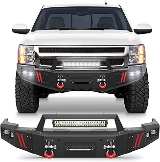 Front Bumper Fit for Chevy Silverado 1500 2007-2013, Pickup Truck Bumper Black with Winch Plate, D-ring and Lights (Compatible with Chevy Silverado 1500 2007 2008 2009 2010 2011 2012 2013)