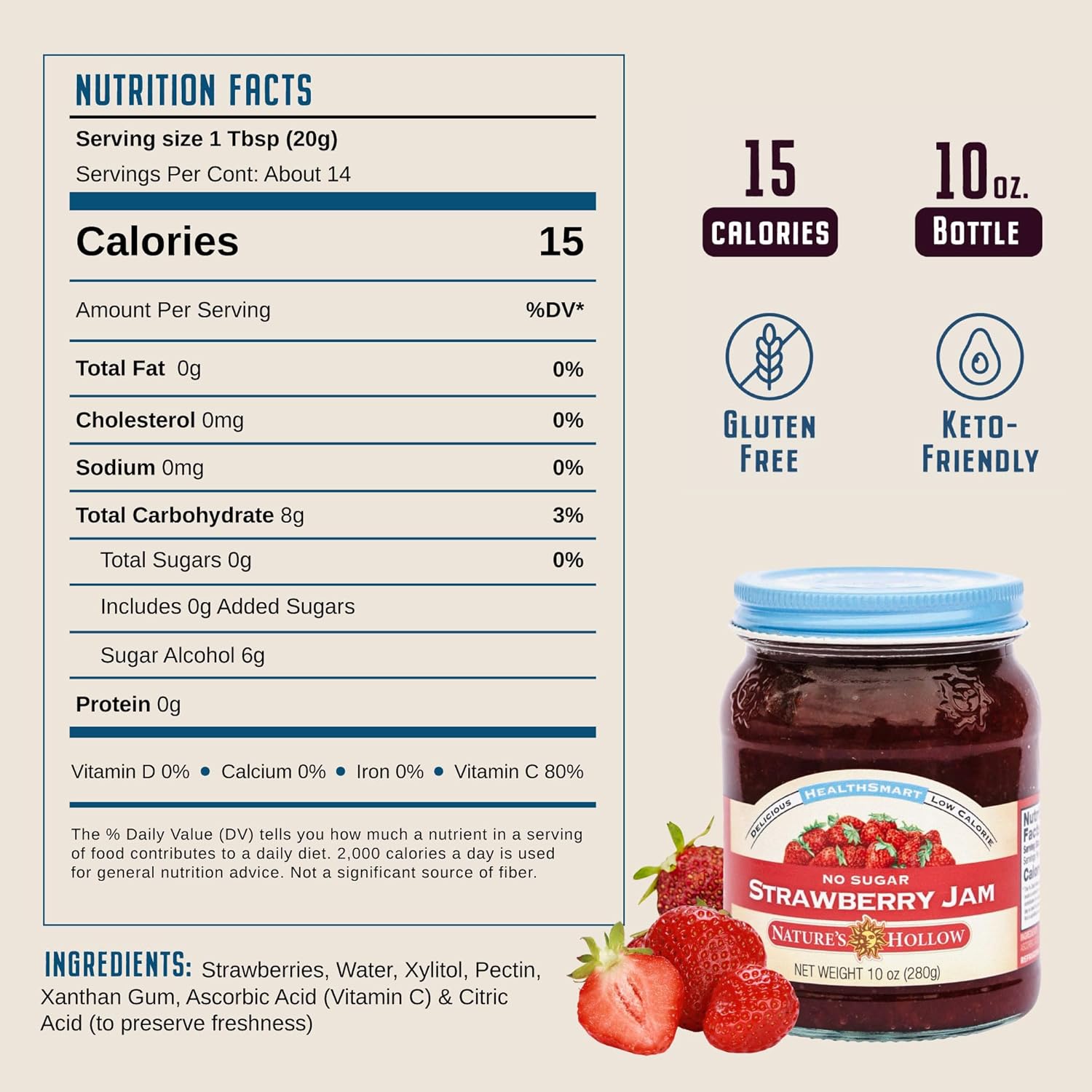 Nature's Hollow Strawberry Jam: Sugar Free Jam and Preserves, Low Cal, Non GMO, Keto Jam, Vegan, Gluten Free, and Diabetic Friendly - Sugar Free Jelly - 10oz Pack of 6