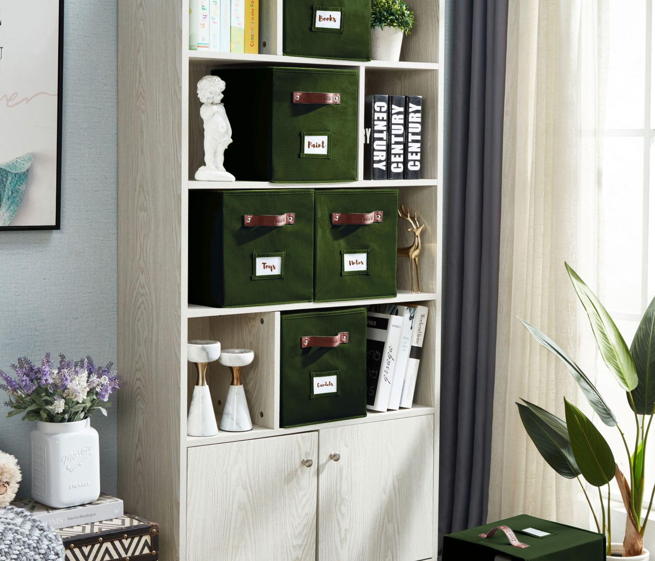 DECOMOMO Storage Bins, Cube Storage Bin with Labels, Fabric Storage Cubes for Shelves (10.5" x 11" / 6pcs, Olive Green) - Image 2