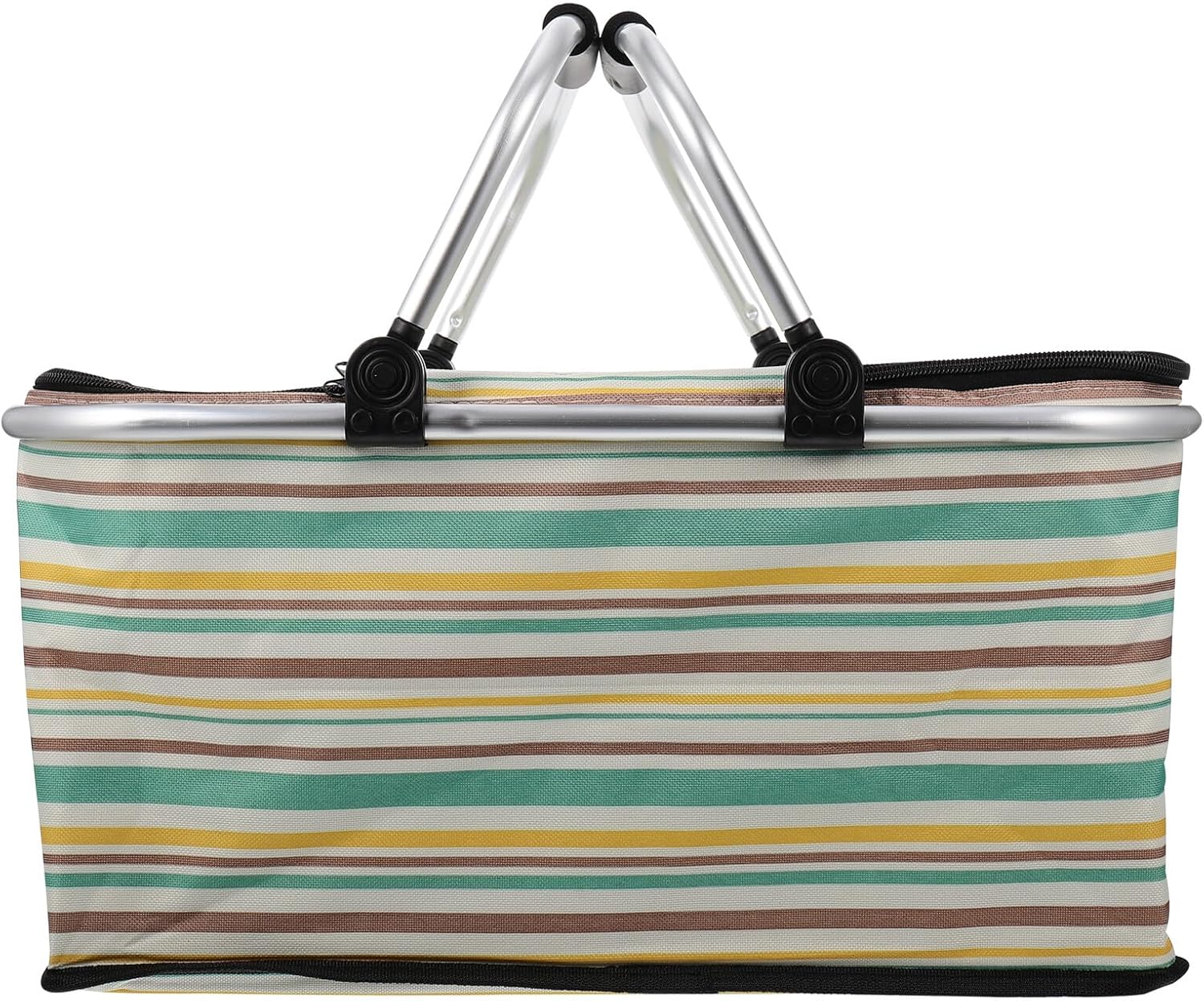 Insulated Picnic Basket with Handle, Food Basket Cooler Bag for Outdoor Grocery Shopping, Yellow Striped Thermal Tote for Travel and Picnic Use