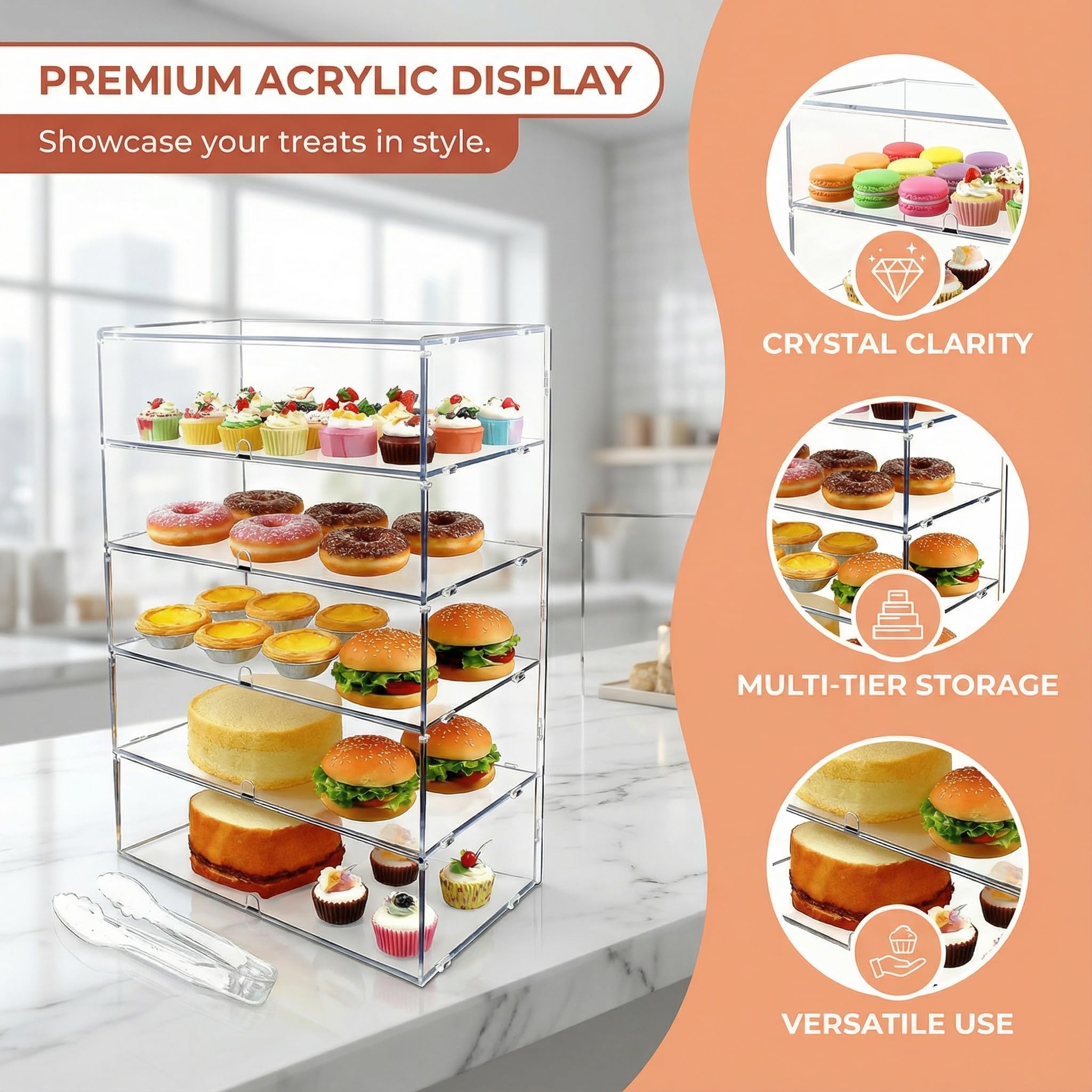 Cityjoy 5 ripiani trasparenti da banco da 5 mm ad alto impatto PETG pannelli trasparenti per pane 64 x 49,5 x 26 cm porte anteriori con fori per le dita (5 Piani)