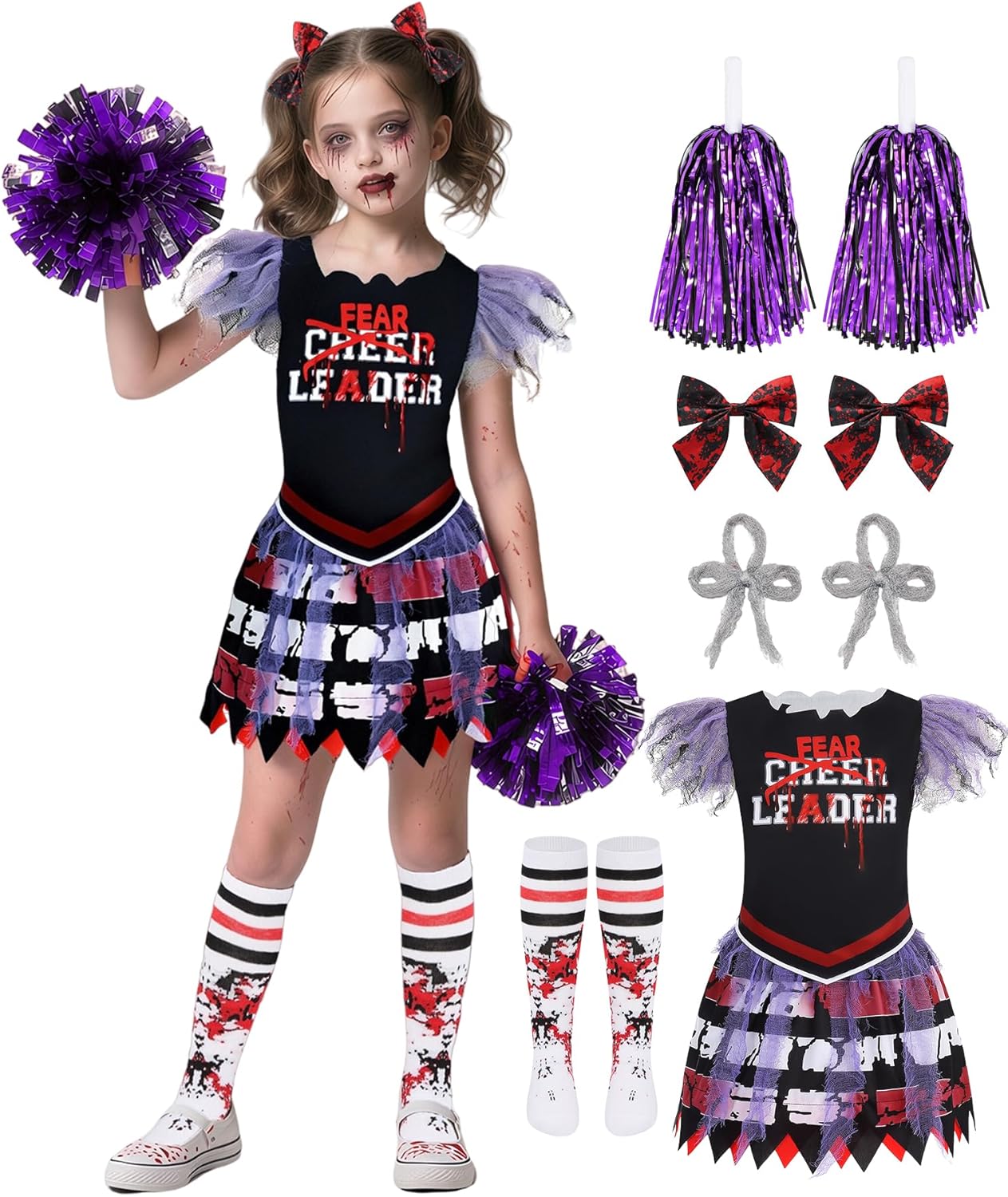 IBQ Kids Zombie Cheerleader Costume Girls Scary Halloween Costumes for Zombie Fearleader Costume Purple 140 (9-10 Years)