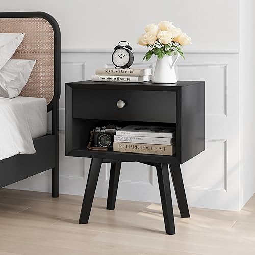 Smart FENDEE Rattan Nightstand, Modern Nightstand with Drawer, Wooden Bedside Table with Storage, Small and Aesthetic Nightstand, Boho Night Stand