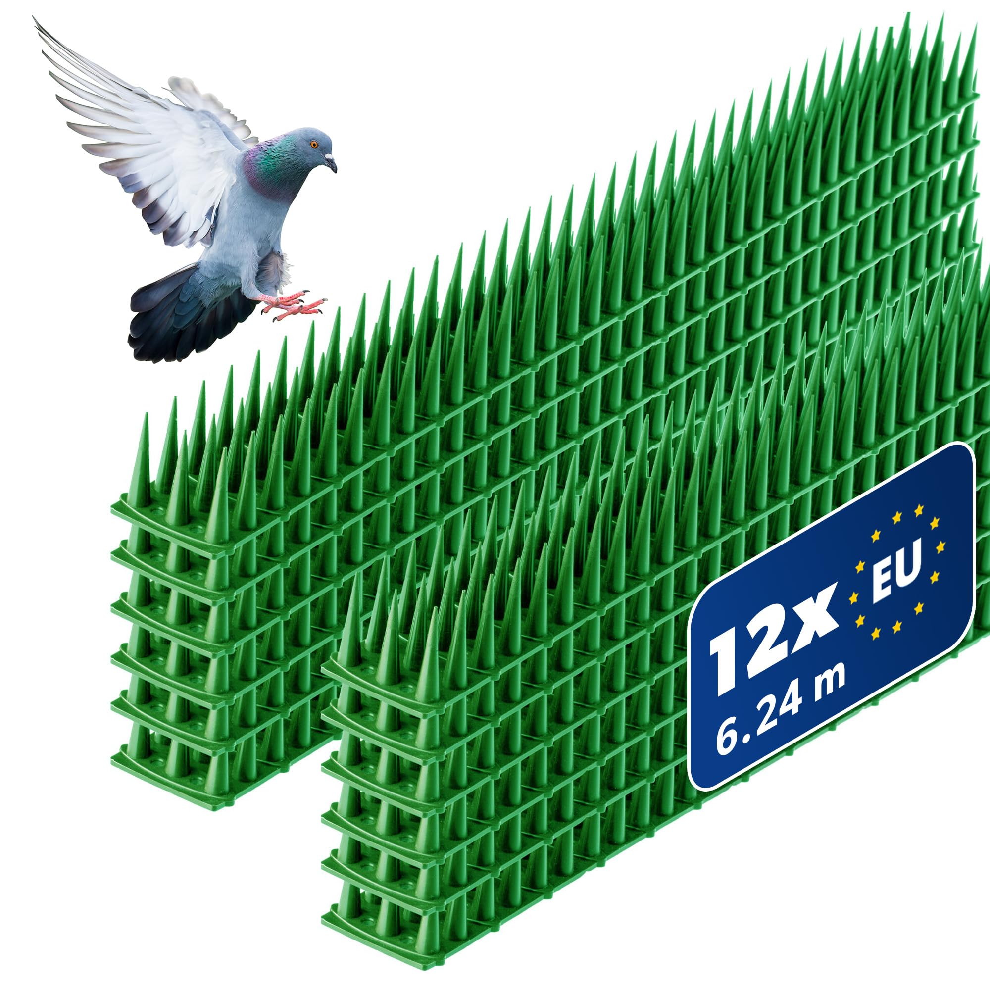 KADAX 12 Stück Vogelabwehr Spikes, Kunststoff, 51x4x3,5 cm, 3-reihig, für Tauben, Katzen, Marder, Zaun, Balkon, Dach, Fensterbank, robust und wetterbeständig, frei zuschneidbar, Grün