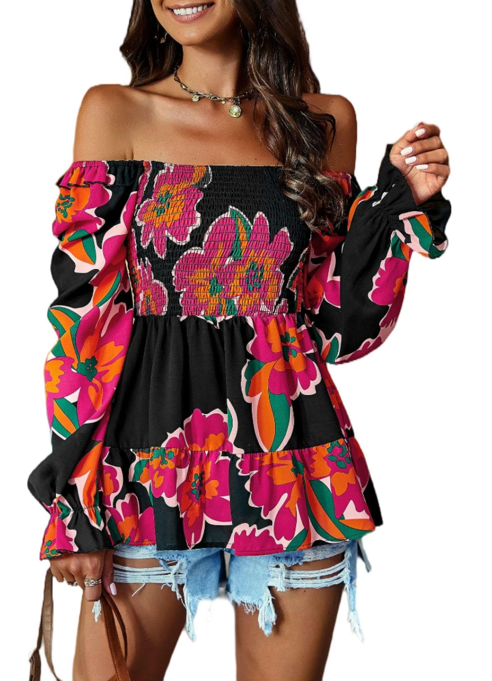 Camisa de Manga Larga con Cuello Cuadrado para Mujer, Estilo Casual, con Estampado de Temperamento de Primavera y Verano, Color Rojo Rosa, Talla S
