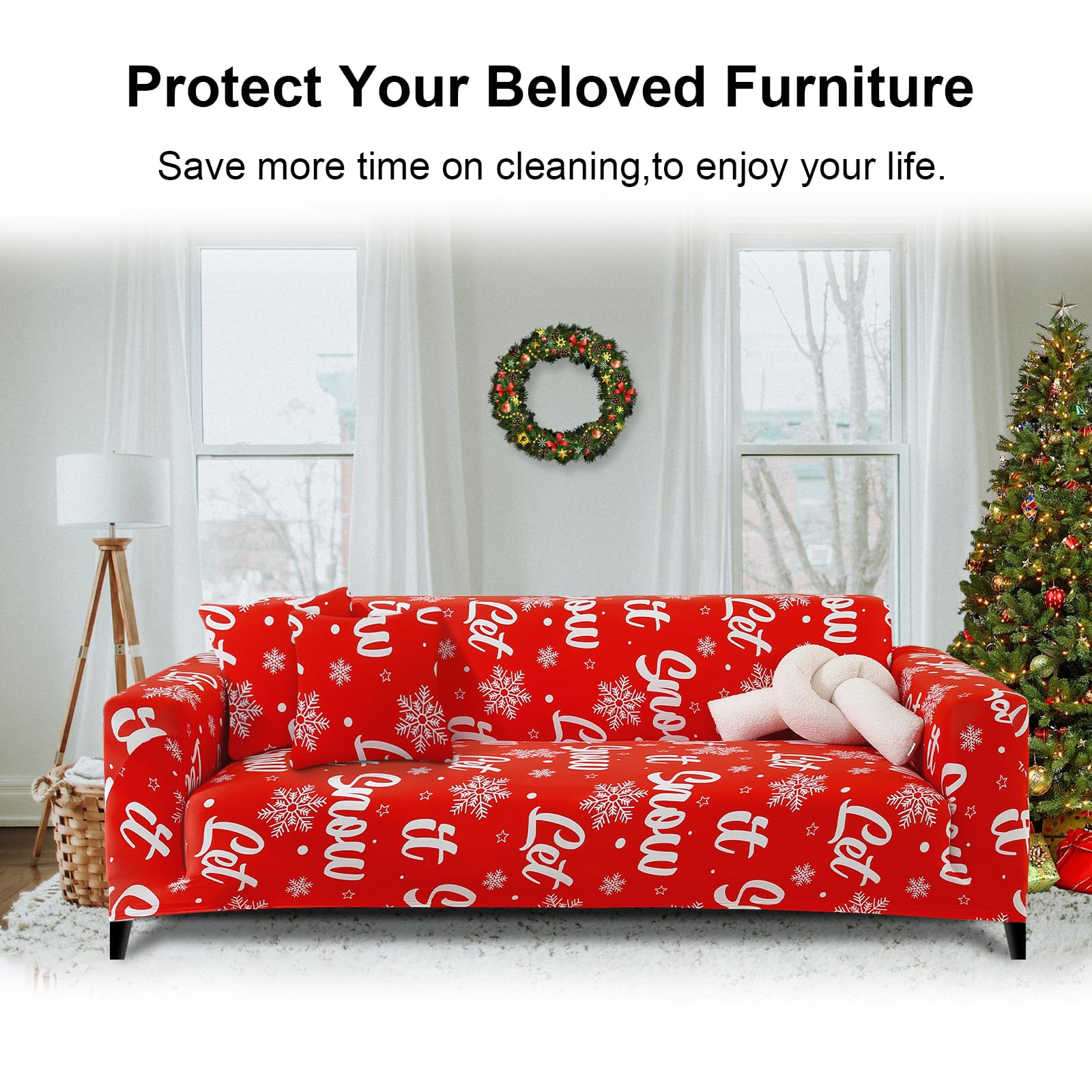 Jaotto Copridivano Natalizio 2 Posti Elasticizzato, Fodera per Divano Elasticizzato Fantasia Antiscivolo Antimacchia, Copridivano con Braccioli Tessuto Super Morbido Universale,Fiocchi di Neve