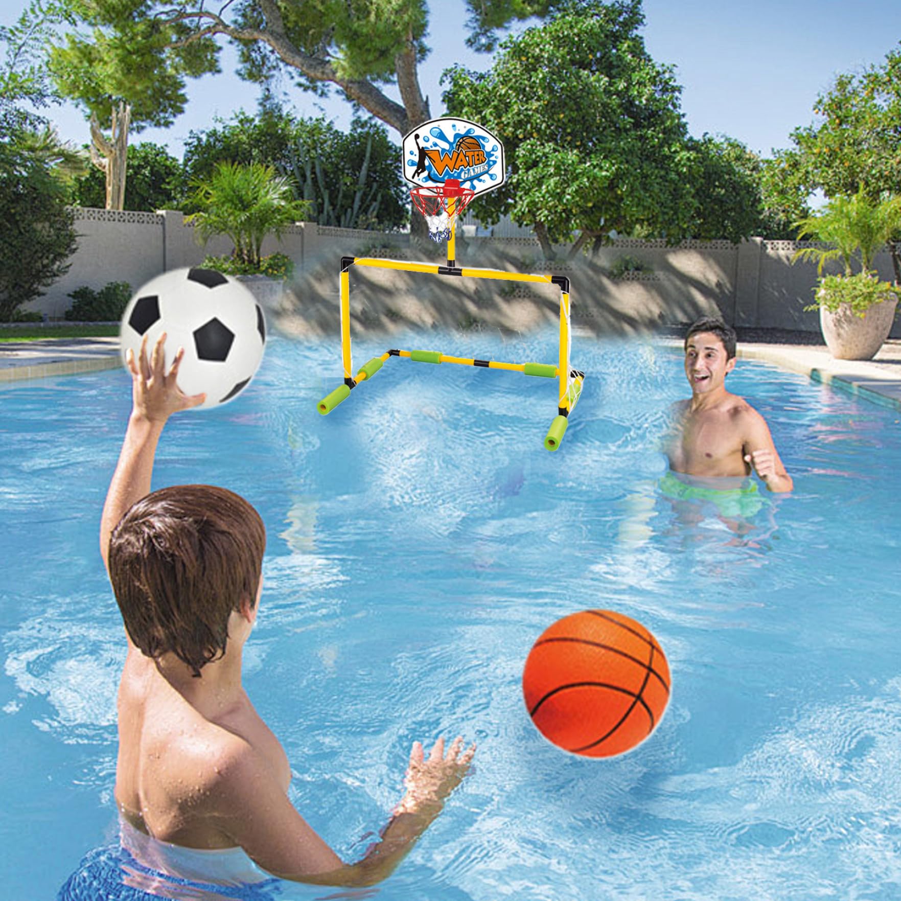 Cerceau de Basket-Ball Flottant pour Piscine, But de Football 2 en 1 ＆ Cerceau Basket-Ball Piscine, But détachable avec 2 balles pour Enfants et Adultes