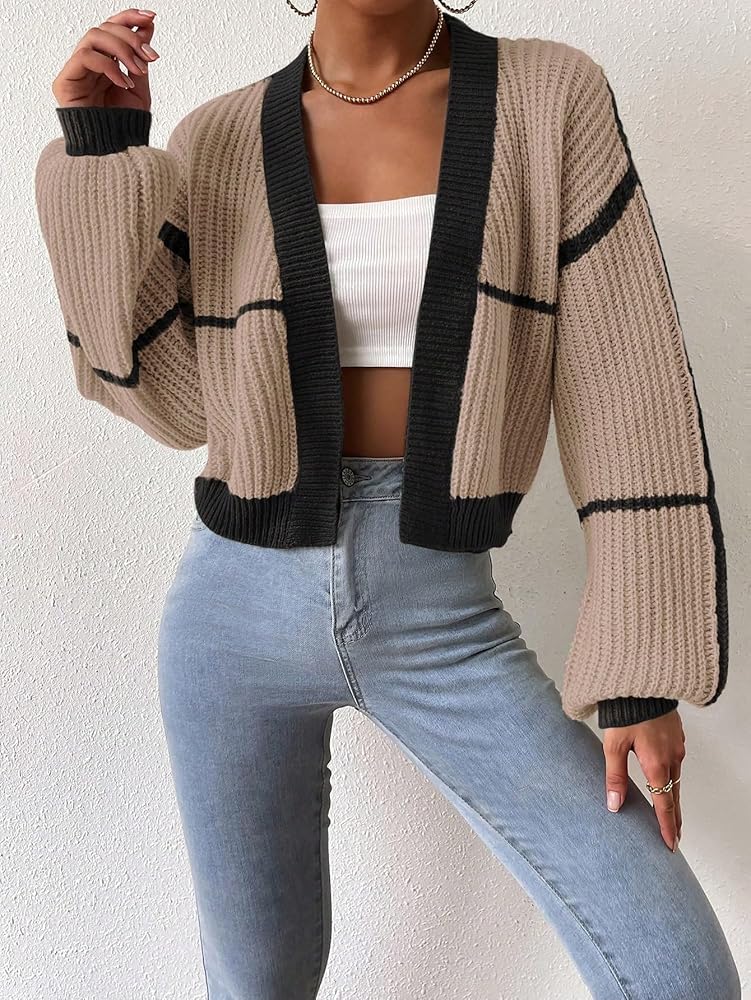 COZYEASE Women's Color Block Crop Cardigan Top Bishop Long