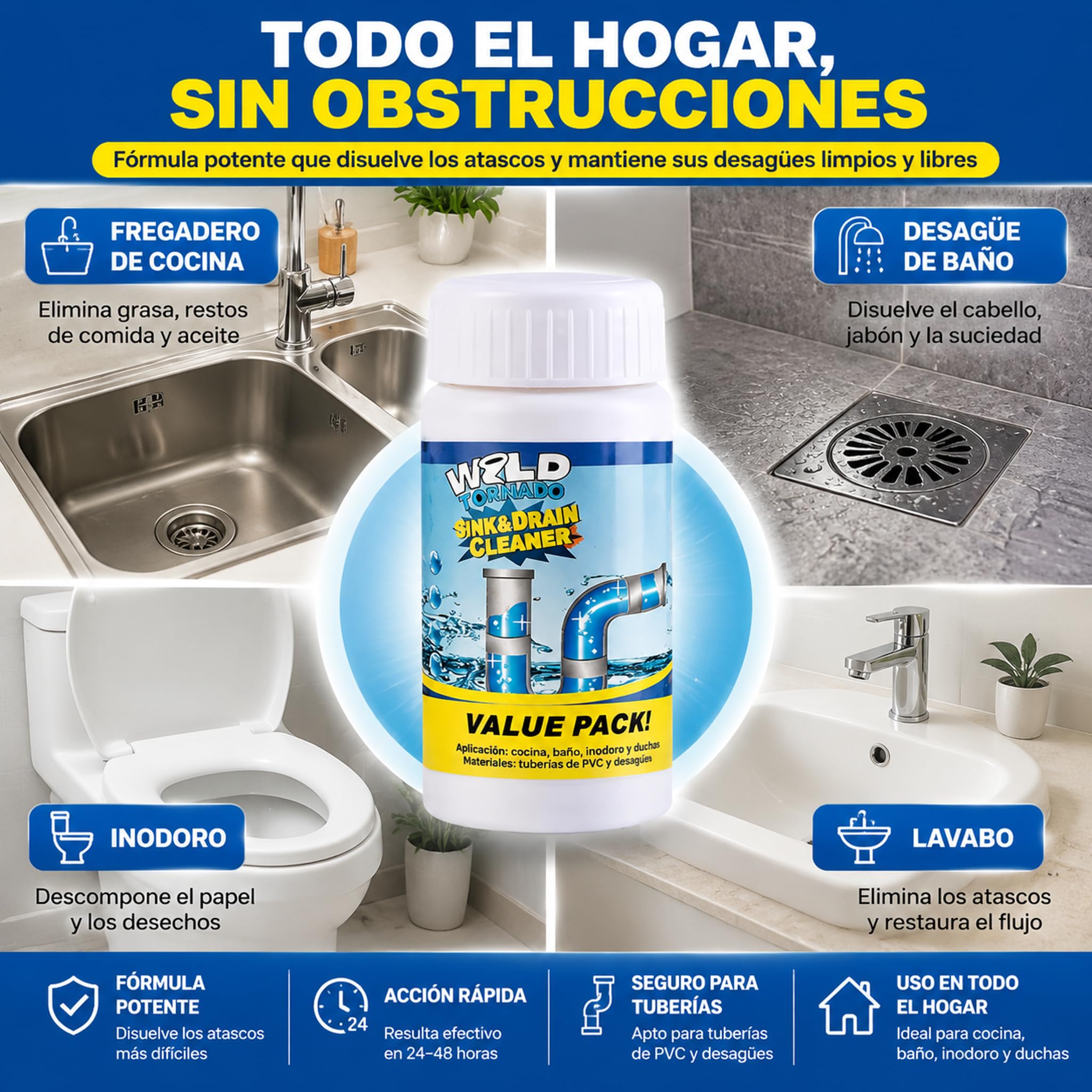 Drainelix Abflussreiniger, Leistungsstarker Abflussreiniger Für Toiletten, Küchen, Badezimmer Und Duschen – Wirksam Gegen Haare, Papier, Seifenreste, Speisereste Und Fett (3pcs)