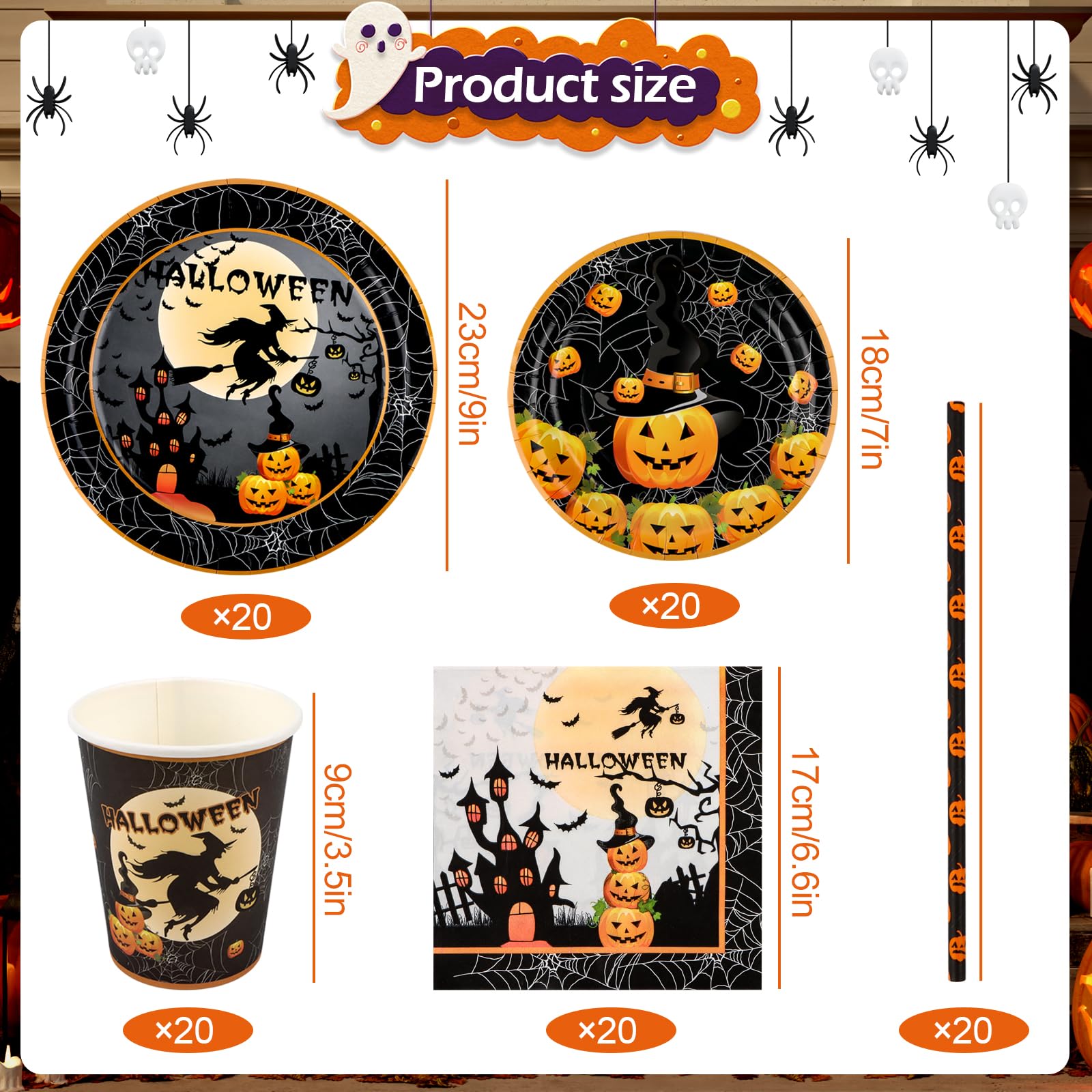 Kit Vaisselle Halloween AKONE – 20 Pièces : Assiettes, Gobelets, Serviettes & Pailles – Décoration De Table Effrayante Pour Fête