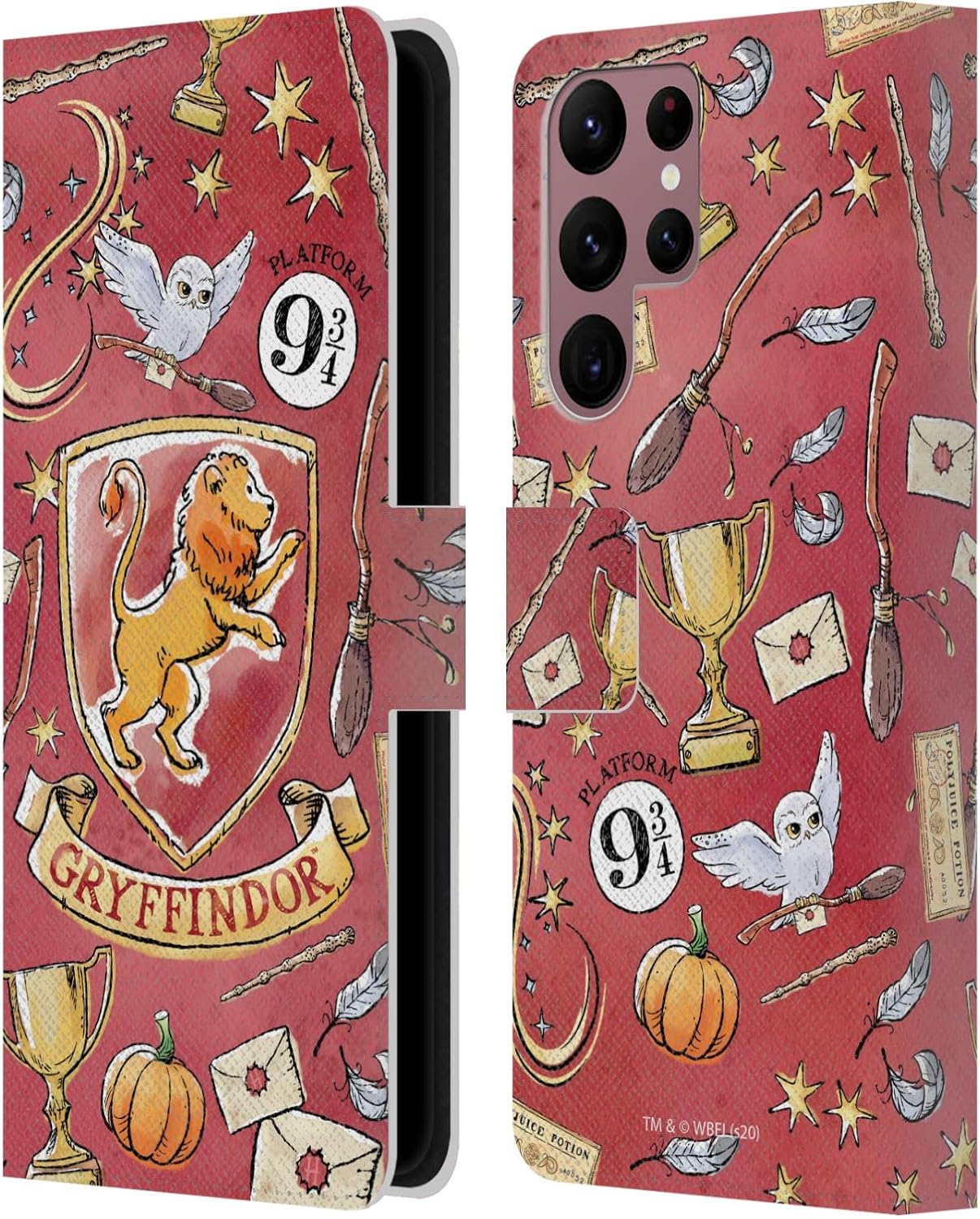 Head Case Designs Officially Licensed Harry Potter Gryffindor Pattern Deathly Hallows XIII Leather Wallet Case Compatible with Samsung Galaxy S22 Ultra 5G