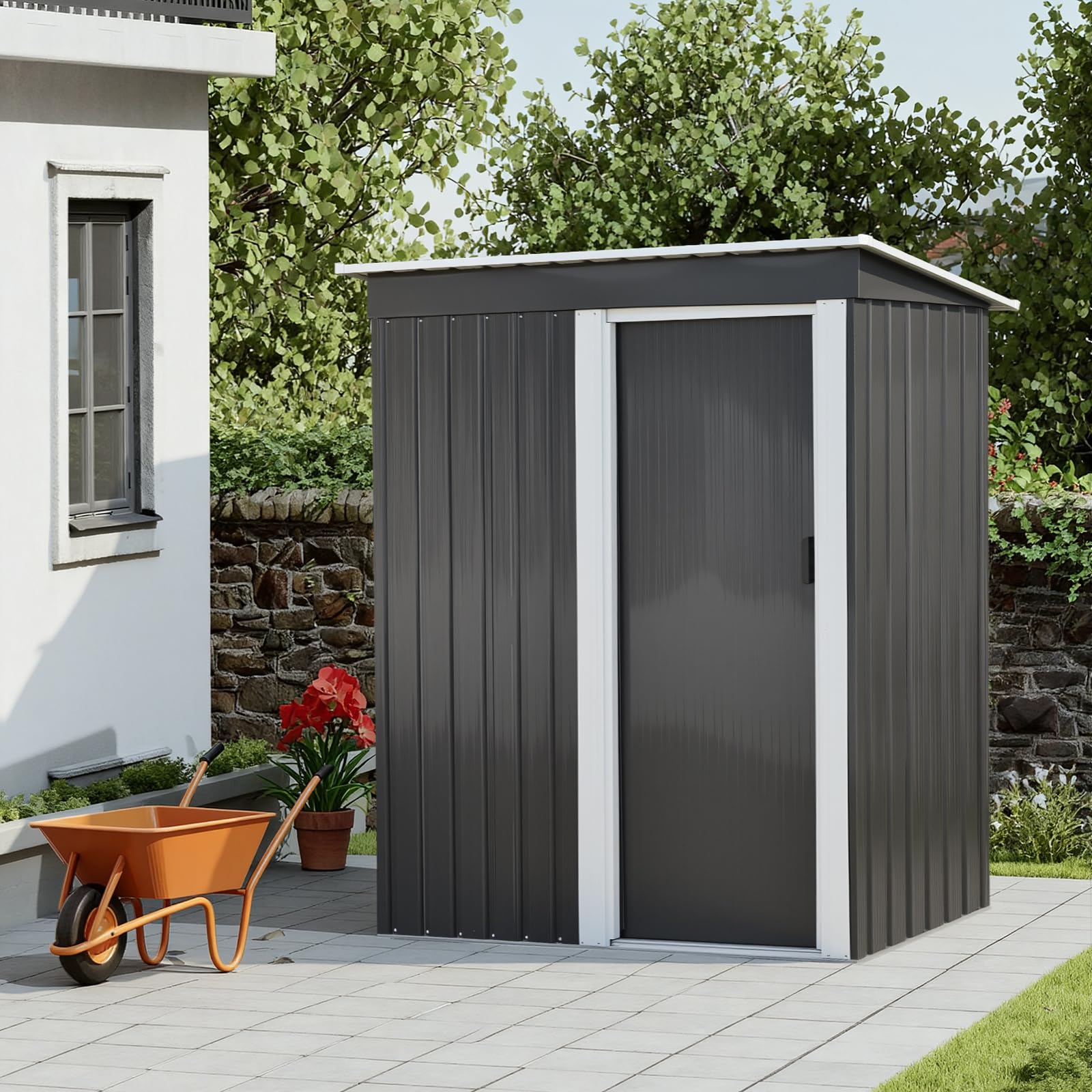 Outdoor Storage Shed, Metal Garden Storage Unit, Dark Grey Galvanized Steel, Sloped Roof Design, 71x60x30 Inches, for Tools, Firewood, Garbage Storage