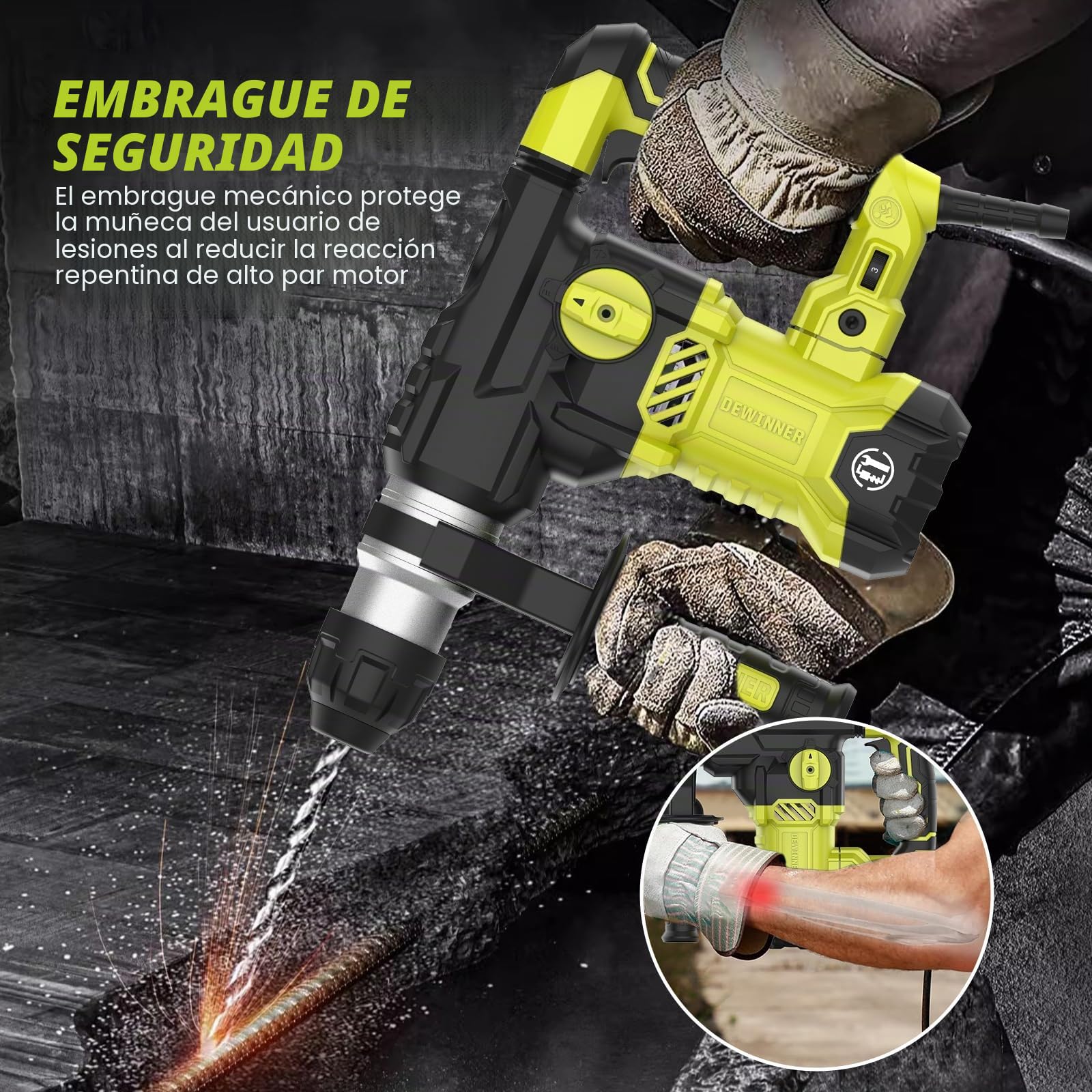 DEWINNER Martillo Percutor SDS-Plus,1500 W, 6 velocidades, 850RPM, 4400BPM, 5.5J, embrague de seguridad y tecnología antivibración, 4 funciones, incluye organizador, cincel y broca de 32mm