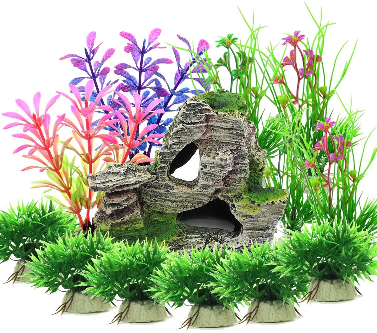 Aquarium Decoration Plants, 13 Pieces Size Plastic Aquarium Plants Decoration and Rock Polyresin Cave Ornament Decoration