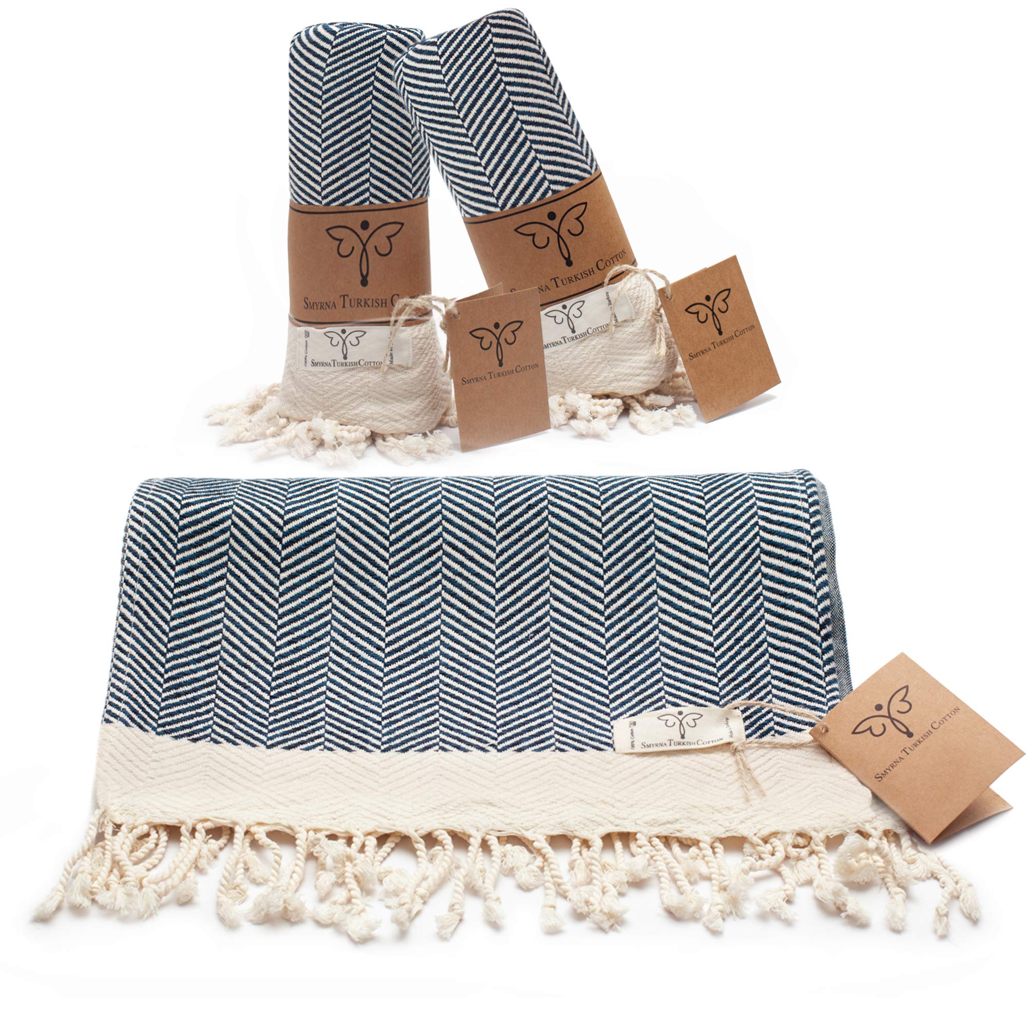 Smyrna Original Turkish Hand Towels Herringbone Series Set of 2 | 100% Cotton, 16 x 40 Inches | Decorative Bathroom Peshtemal Towel for Hand, Face, Hair, Gym, Yoga, Tea, Kitchen and Bath (Navy)