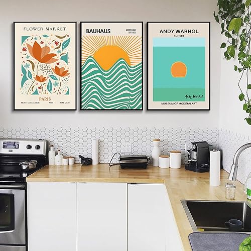 Miniatura 6 de Bauhaus - 3 piezas de arte de pared moderno de mediados de siglo, diseño de flores retro, impresiones de lienzo verde y naranja, bohemio,
