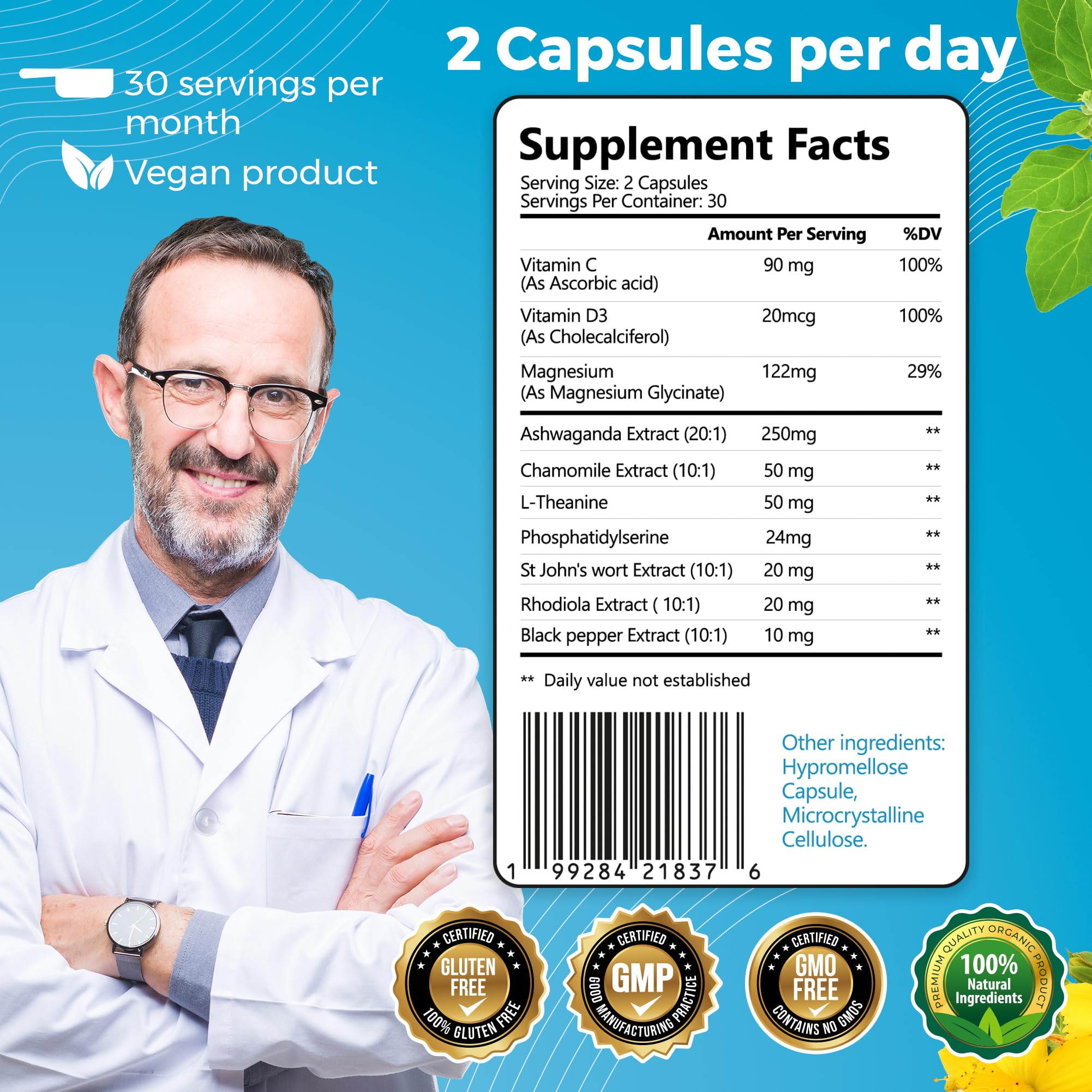 10-in-1 Cortisol Supplements with Magnesium, Ashwagandha, Chamomile, L-Theanine, St. John's Wort, Rhodiola, 60 Capsules, Cortisol Supplements For Women -& Men, Cortisol Reducer, High cortisol — Amazon image 5