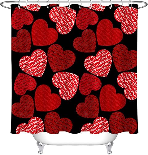 Miniatura 2 de LB Cortina de ducha para el día de San Valentín, corazones rojos sobre fondo negro, decoración romántica de baño con ganchos, 72 x 72 pulgadas,