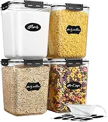 YASHE Potes Herméticos para Alimentos, 5,3L, Conjunto com 4, Recipientes de Plástico para Farinha, Açúcar, Arroz, Organização de Cozinha e Despensa