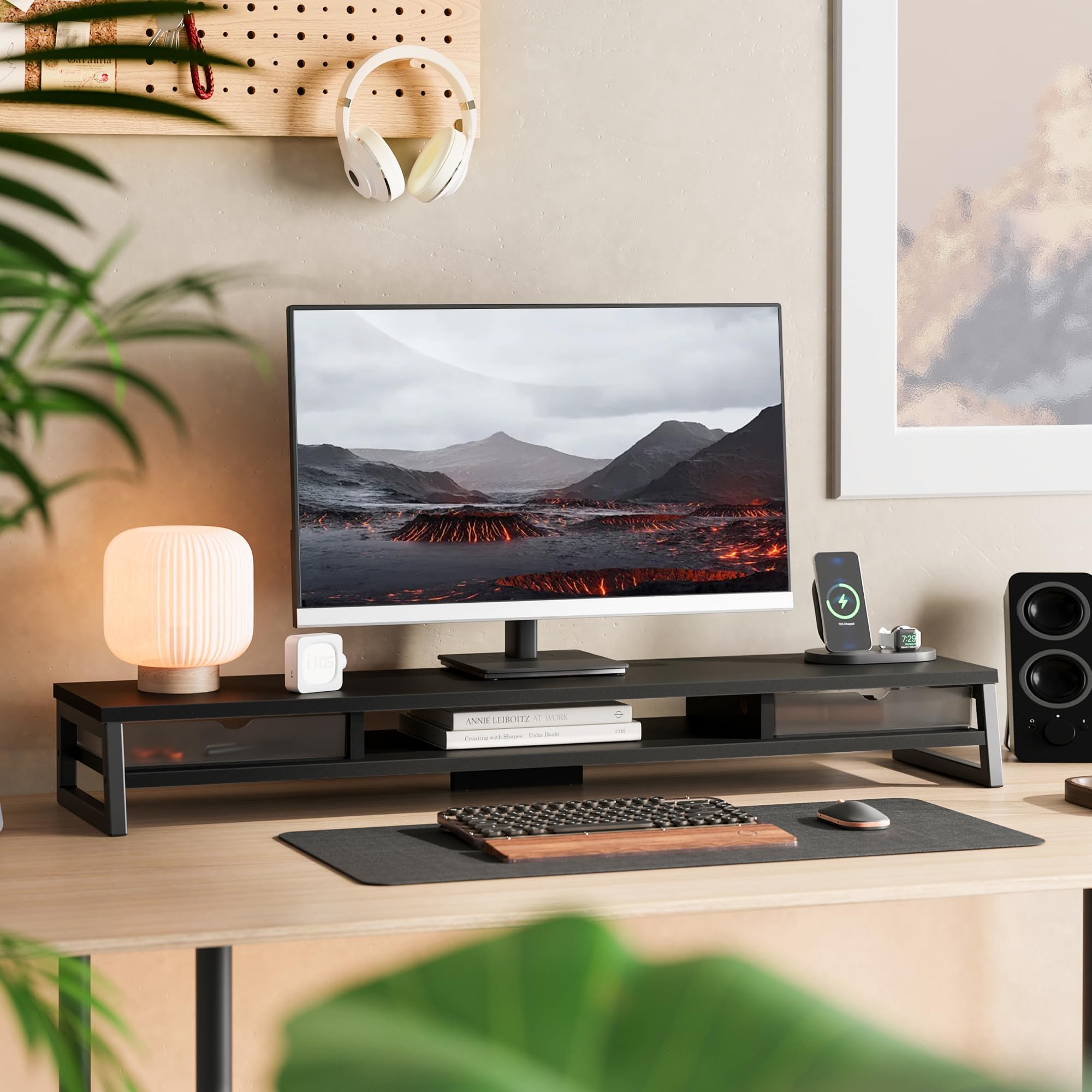 Fenge Dual Monitor Stander Riser Con 2 Cajones de Acrílico, 2 Pisos 108cm Pantalla de Ordenador para PC/Portátil/Fax/Impresora/Pantalla de TV, Capacidad de carga 45KG (Negro)