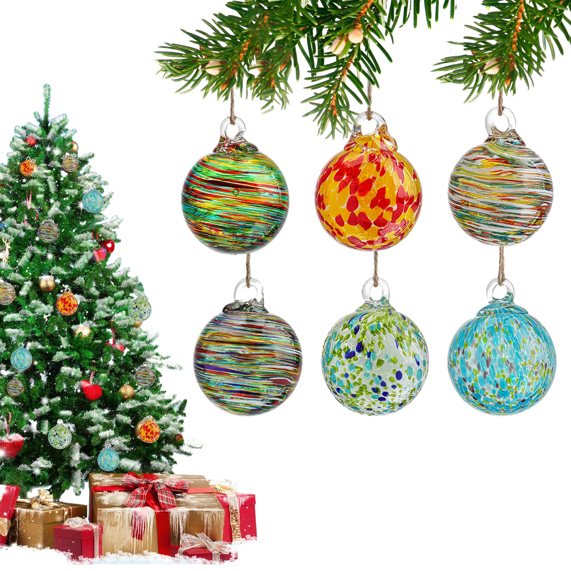 6 Pcs Blown Glass Ornaments Balls, 2.3inch Hand Blown Glass Christmas Ornaments for Tree, Hanging Gazing Ball Friendship Ball Witch Balls for Window Garden Home Decor for Women