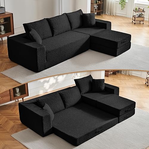 108" Modular Sectional Cloud Sofa - Boneless Couch with Deep Seat, Non Slip Base, Sleeper Sofa Sectional Couches for Living Room, Cozy Modular Couch with L-Shape Chaise, No Assembly Required, Black